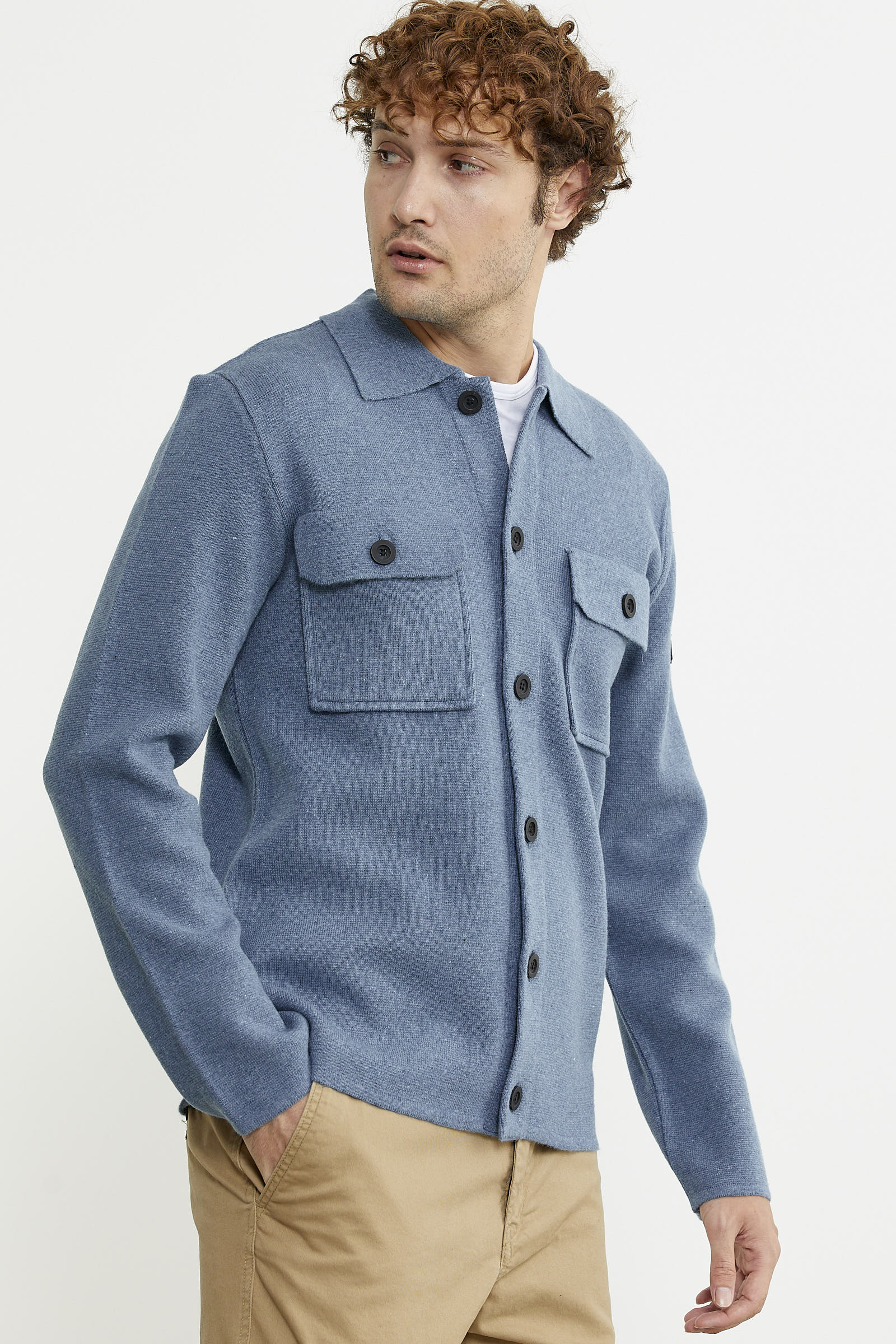 Polo Yaka Düğmeli Yünlü Triko Hırka - Mavi - Sementa