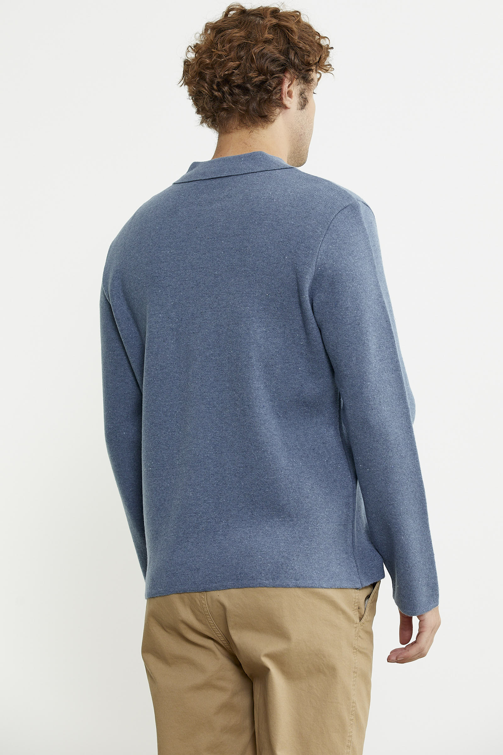 Polo Yaka Düğmeli Yünlü Triko Hırka - Mavi - Sementa