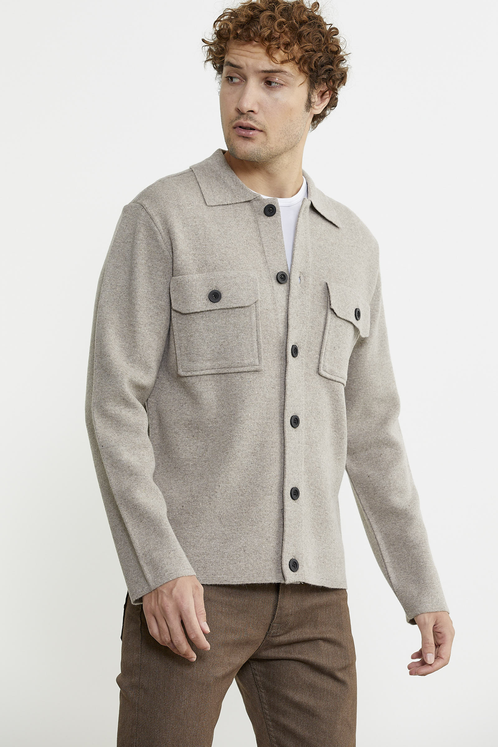 Polo Yaka Düğmeli Yünlü Triko Hırka - Vizon - Sementa