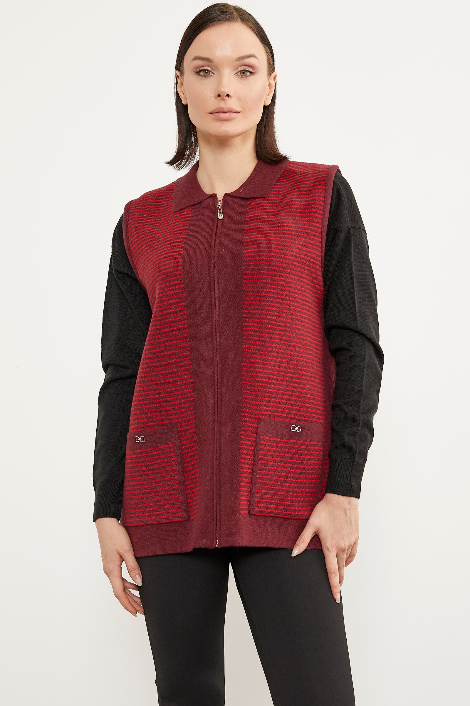 Polo Yaka Fermuarlı Triko Yelek - Bordo - Sementa