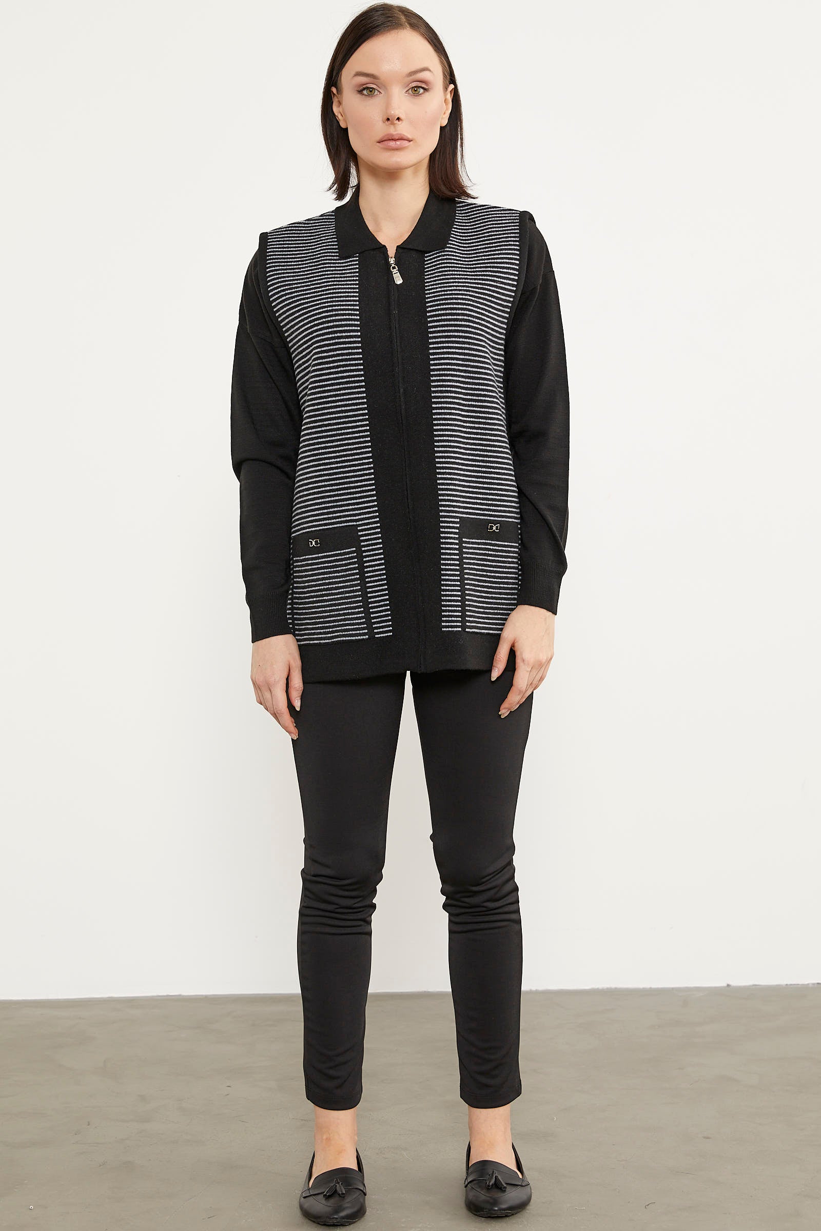 Polo Yaka Fermuarlı Triko Yelek - Siyah (4) Sementa