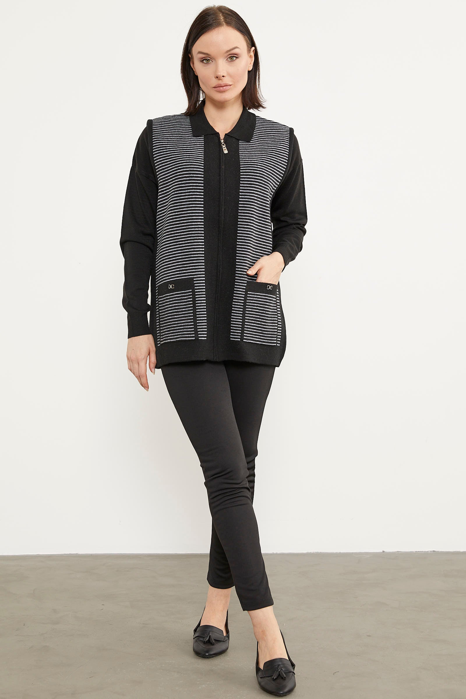 Polo Yaka Fermuarlı Triko Yelek - Siyah (2) Sementa