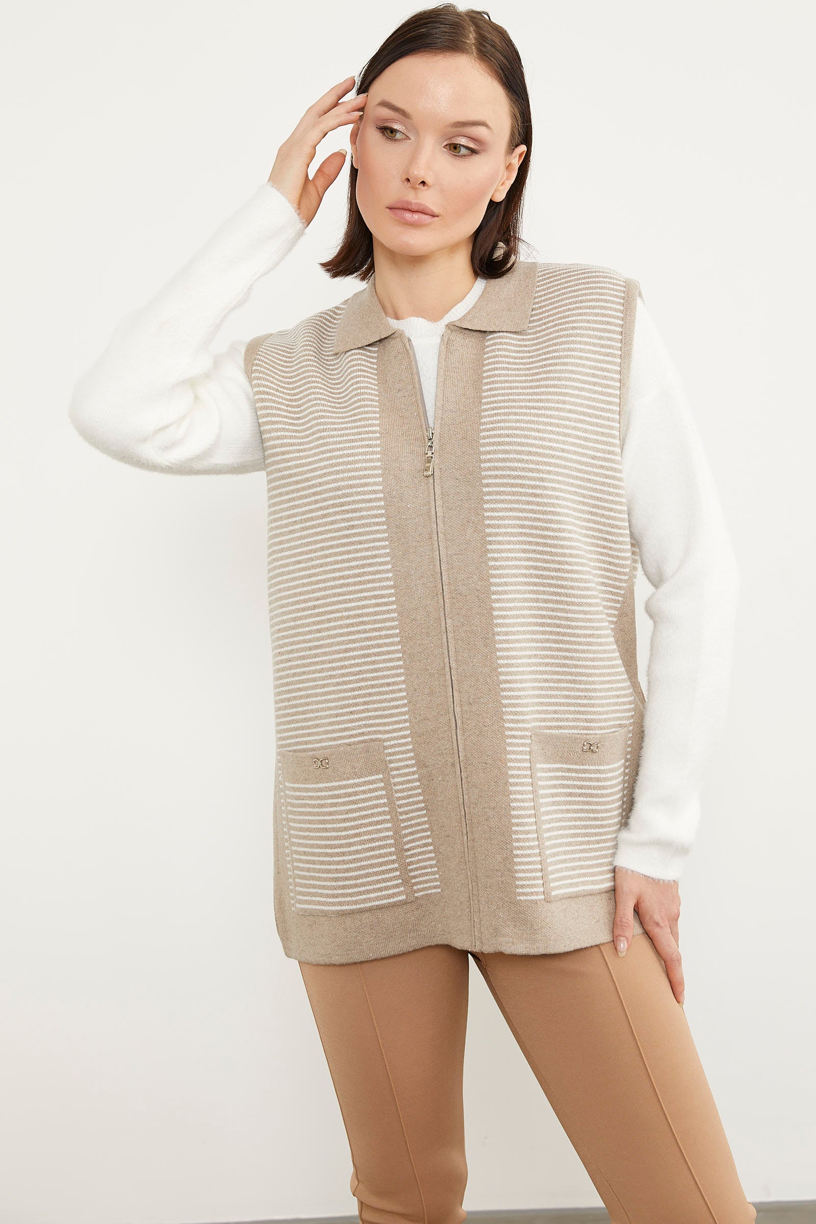 Polo Yaka Fermuarlı Triko Yelek - Vizon (3) Sementa