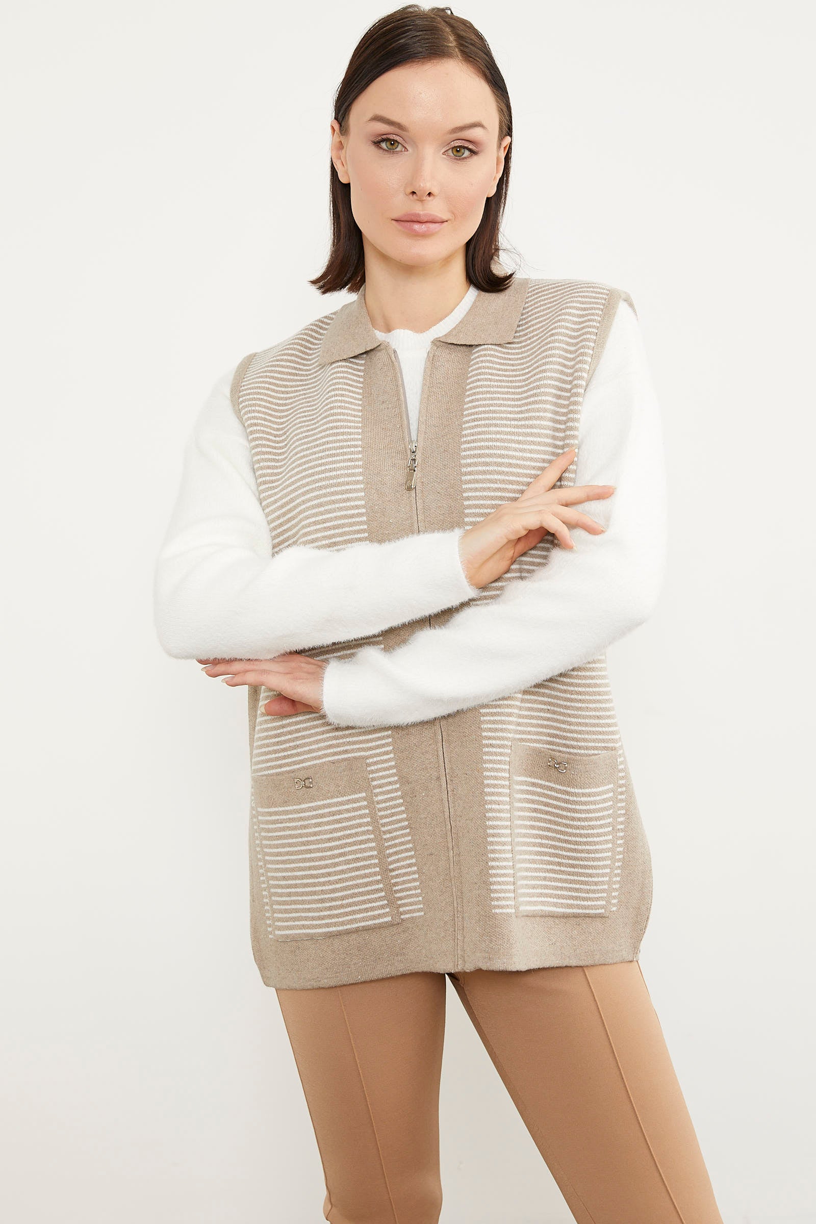 Polo Yaka Fermuarlı Triko Yelek - Vizon (2) Sementa