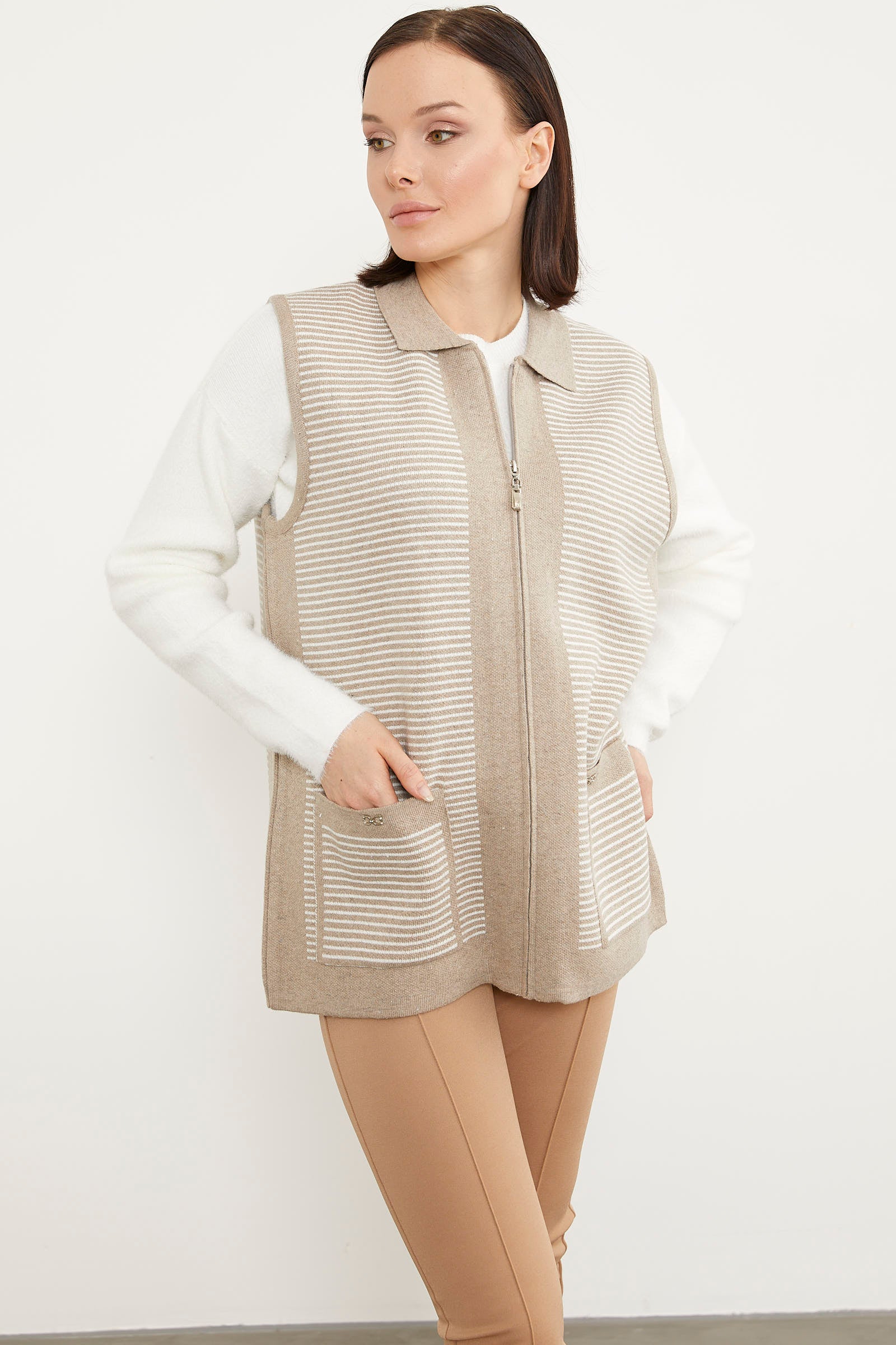 Polo Yaka Fermuarlı Triko Yelek - Vizon (4) Sementa