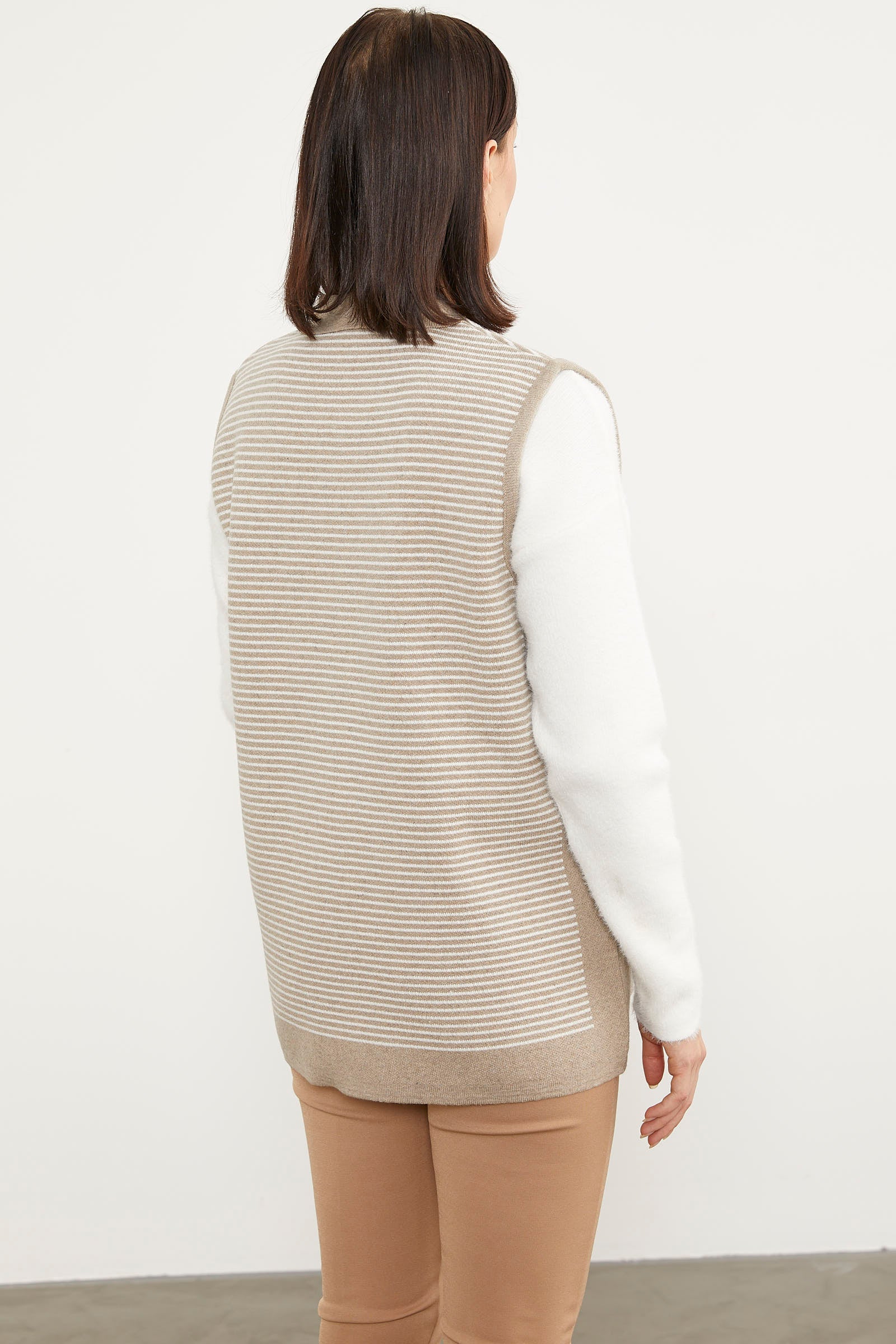 Polo Yaka Fermuarlı Triko Yelek - Vizon (6) Sementa