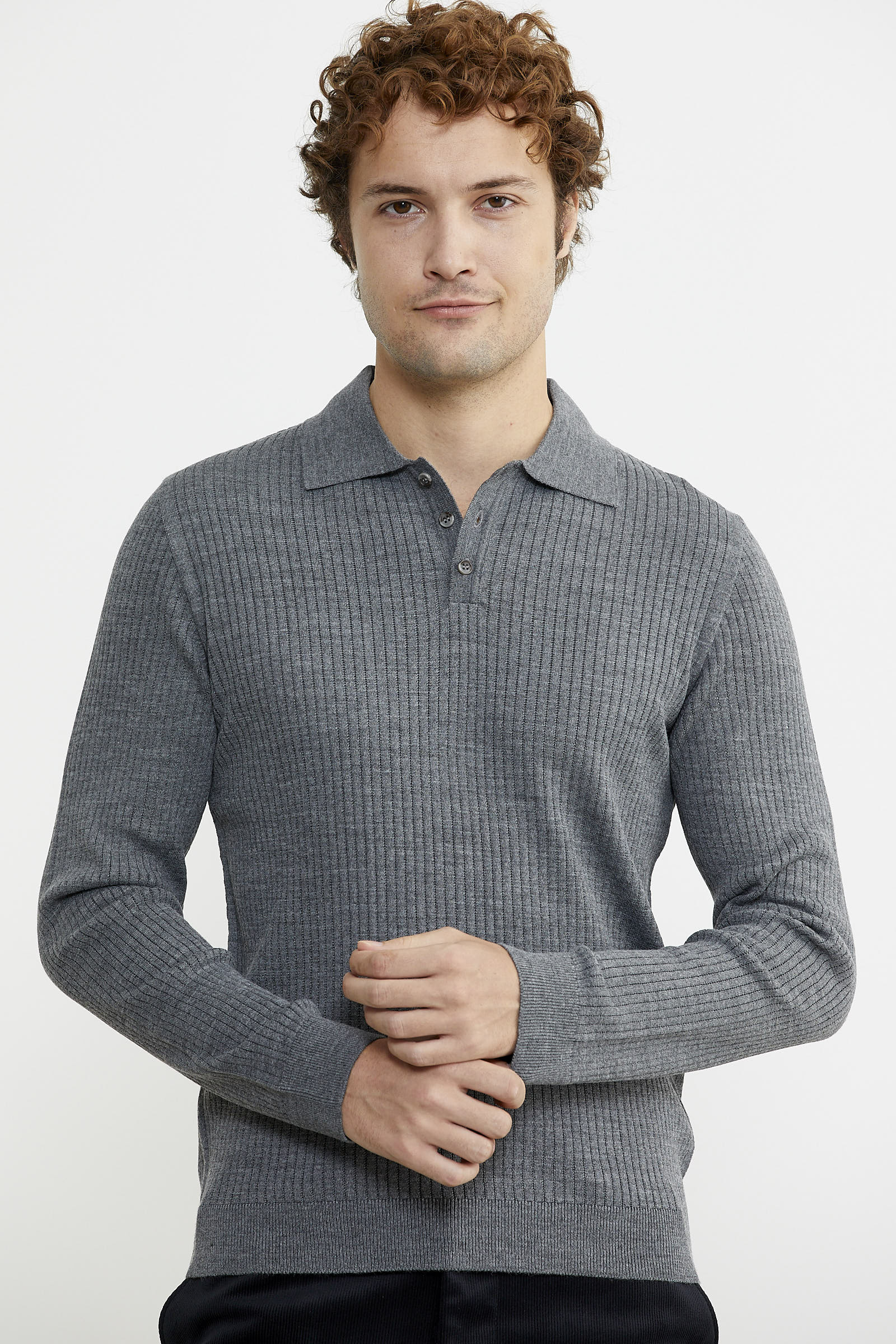 Polo Yaka Fitilli Triko Kazak - Füme - Sementa