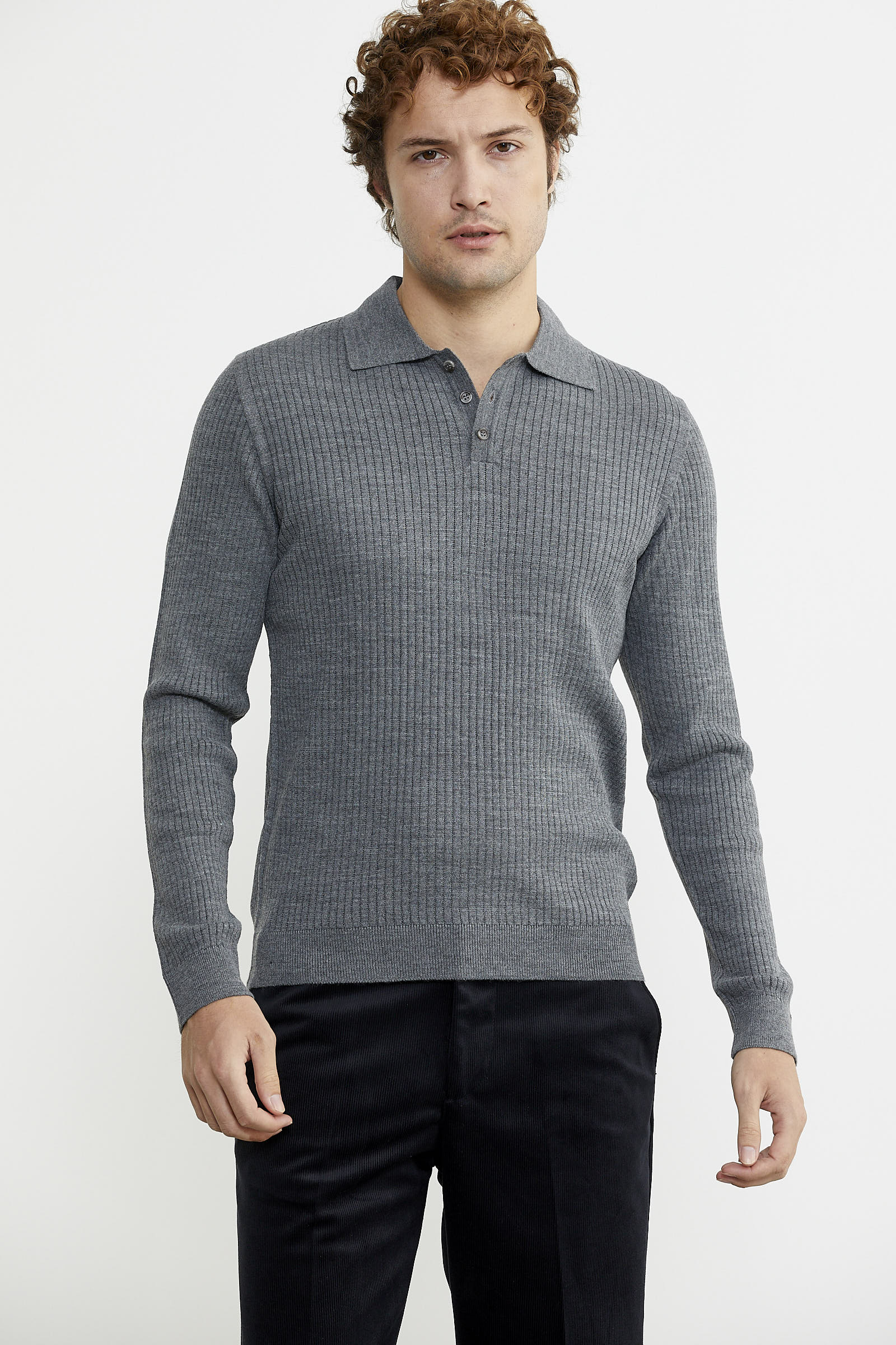 Polo Yaka Fitilli Triko Kazak - Füme - Sementa