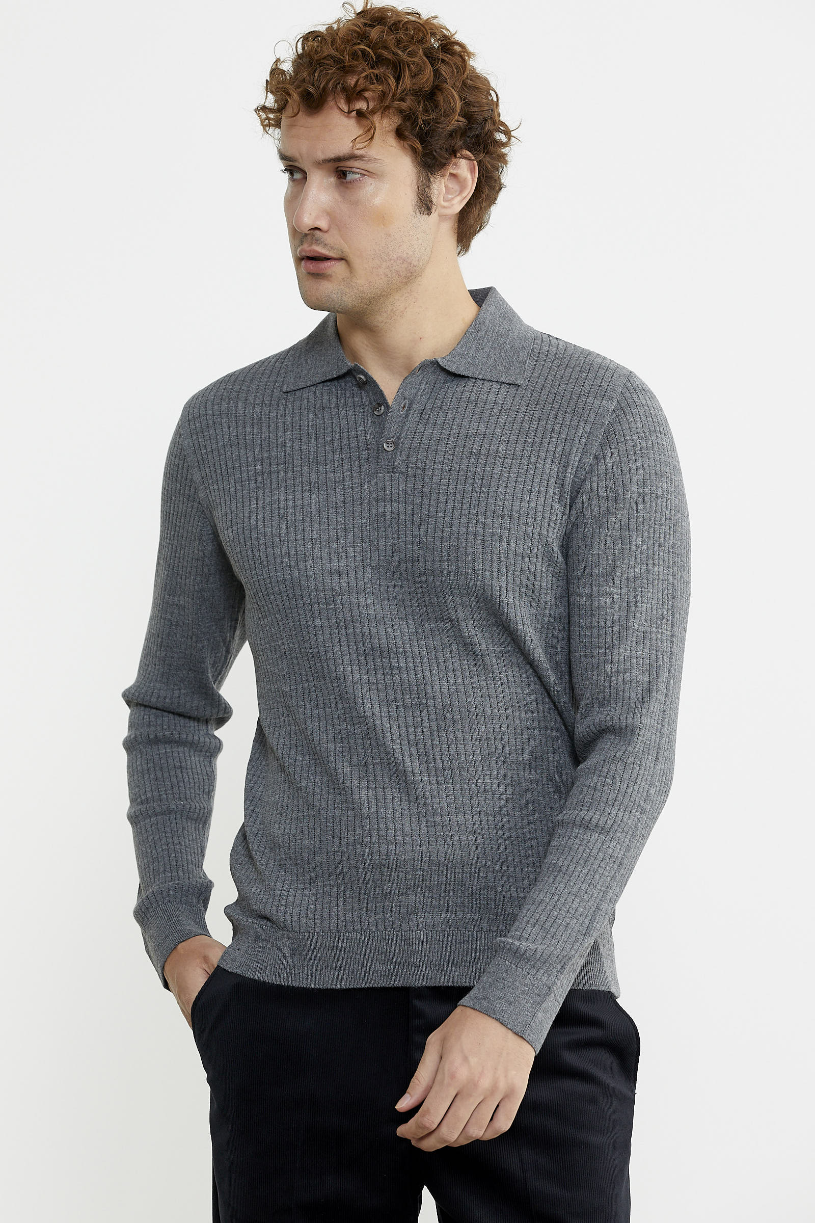 Polo Yaka Fitilli Triko Kazak - Füme - Sementa