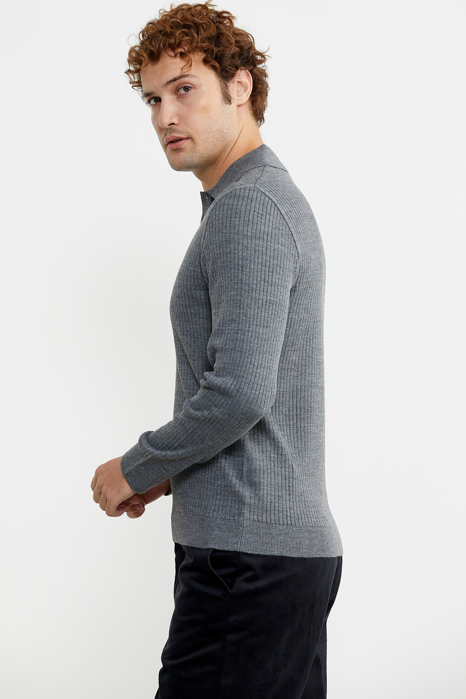 Polo Yaka Fitilli Triko Kazak - Füme - Sementa