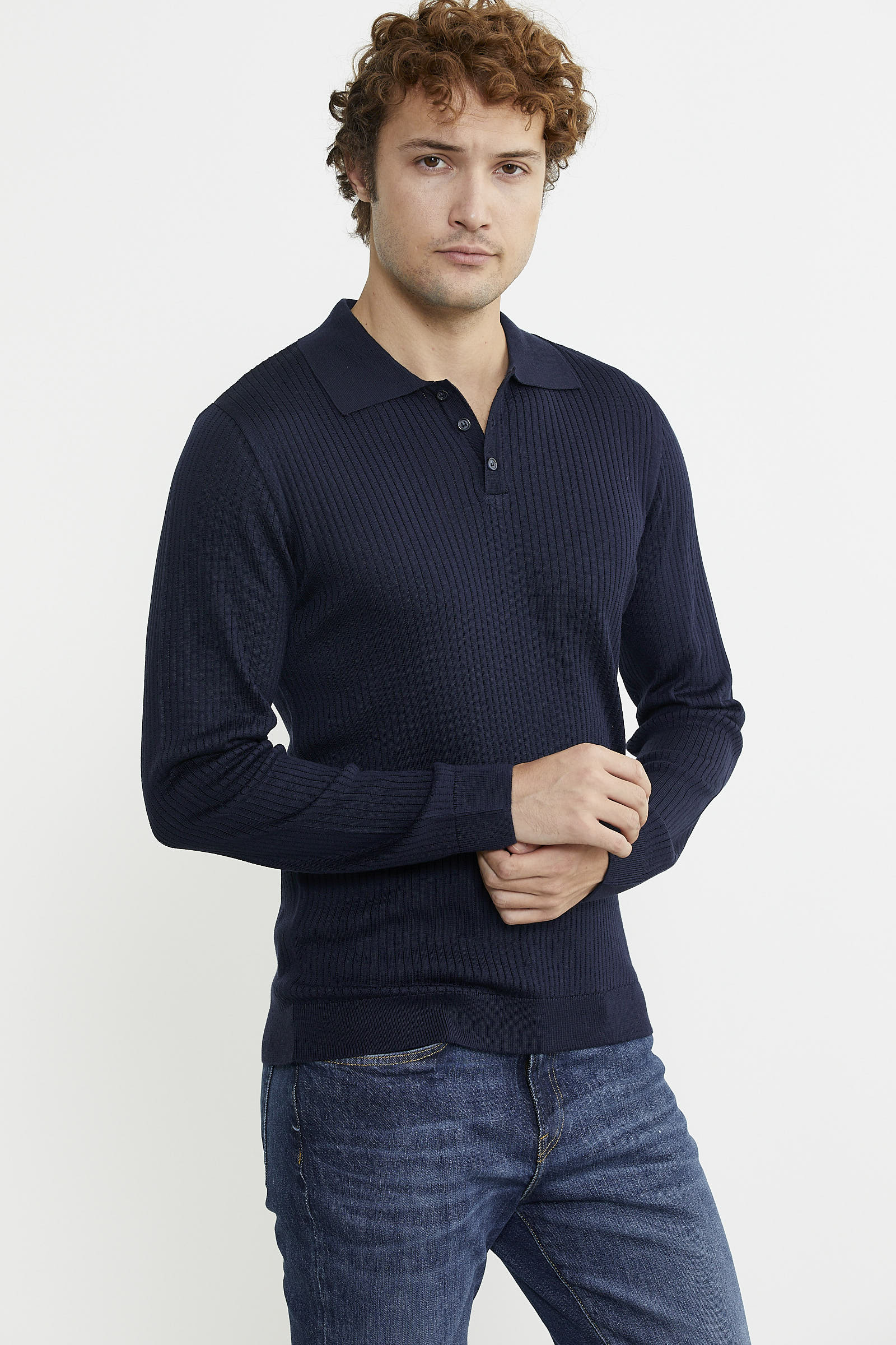 Polo Yaka Fitilli Triko Kazak - Lacivert - Sementa