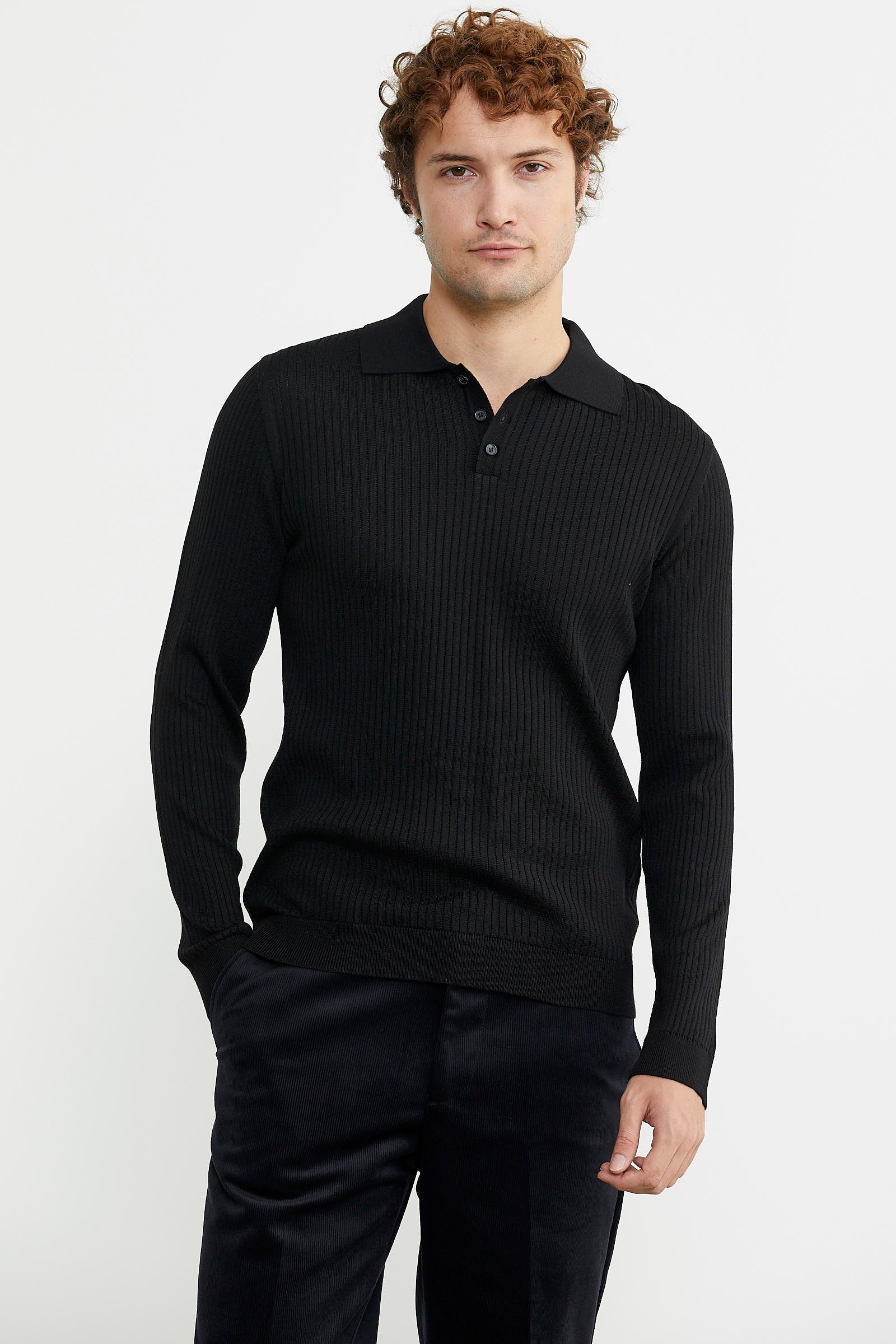 Polo Yaka Fitilli Triko Kazak - Siyah - Sementa