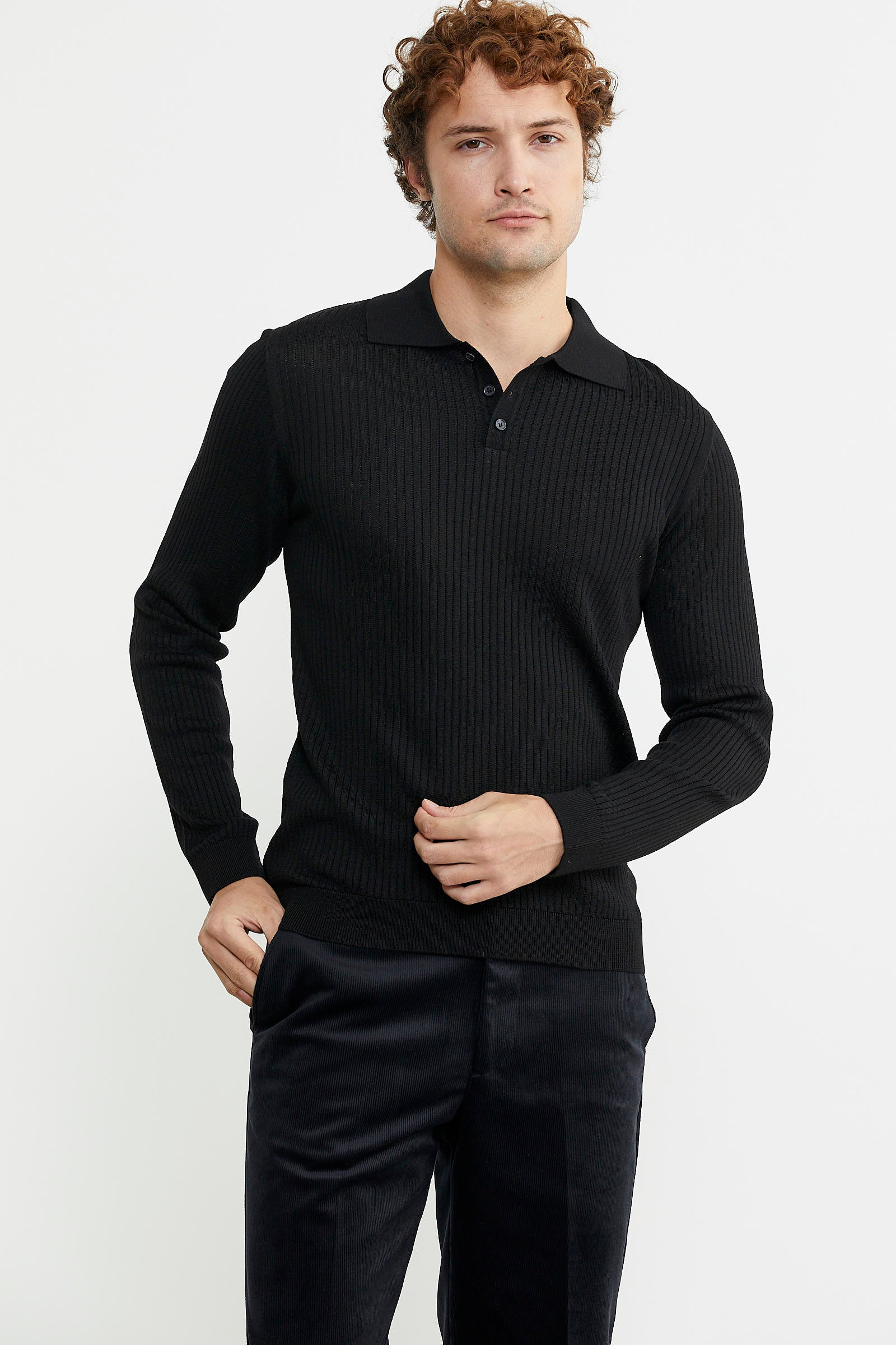 Polo Yaka Fitilli Triko Kazak - Siyah - Sementa