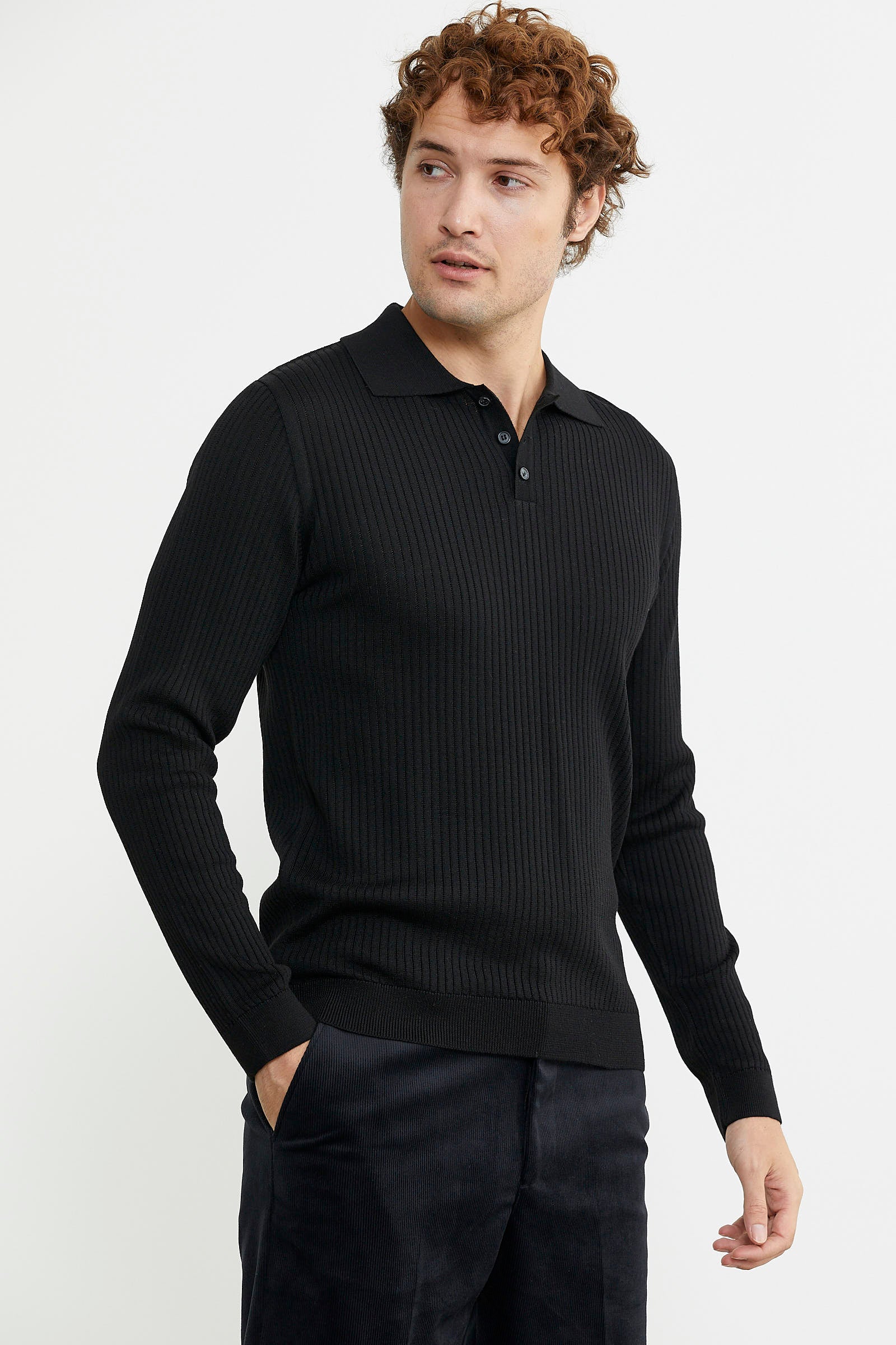 Polo Yaka Fitilli Triko Kazak - Siyah - Sementa