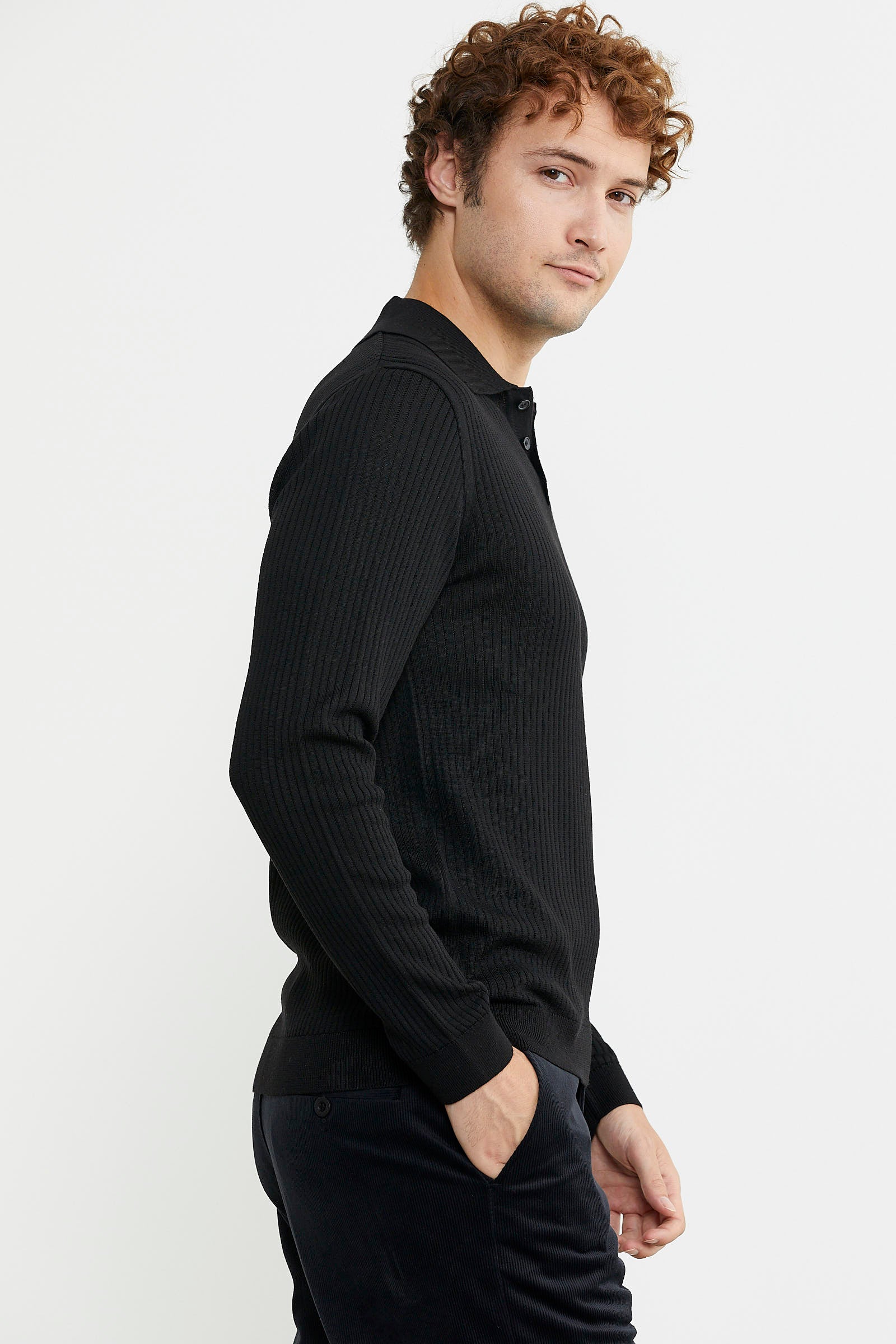 Polo Yaka Fitilli Triko Kazak - Siyah - Sementa