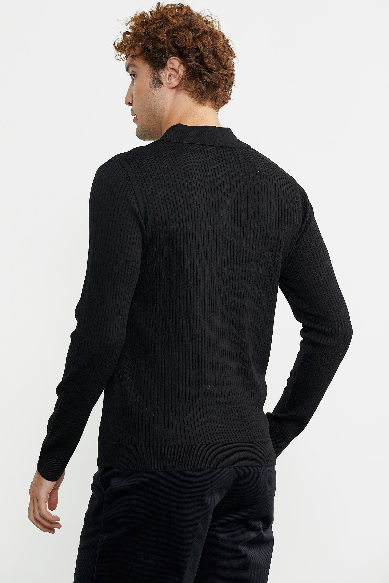 Polo Yaka Fitilli Triko Kazak - Siyah - Sementa