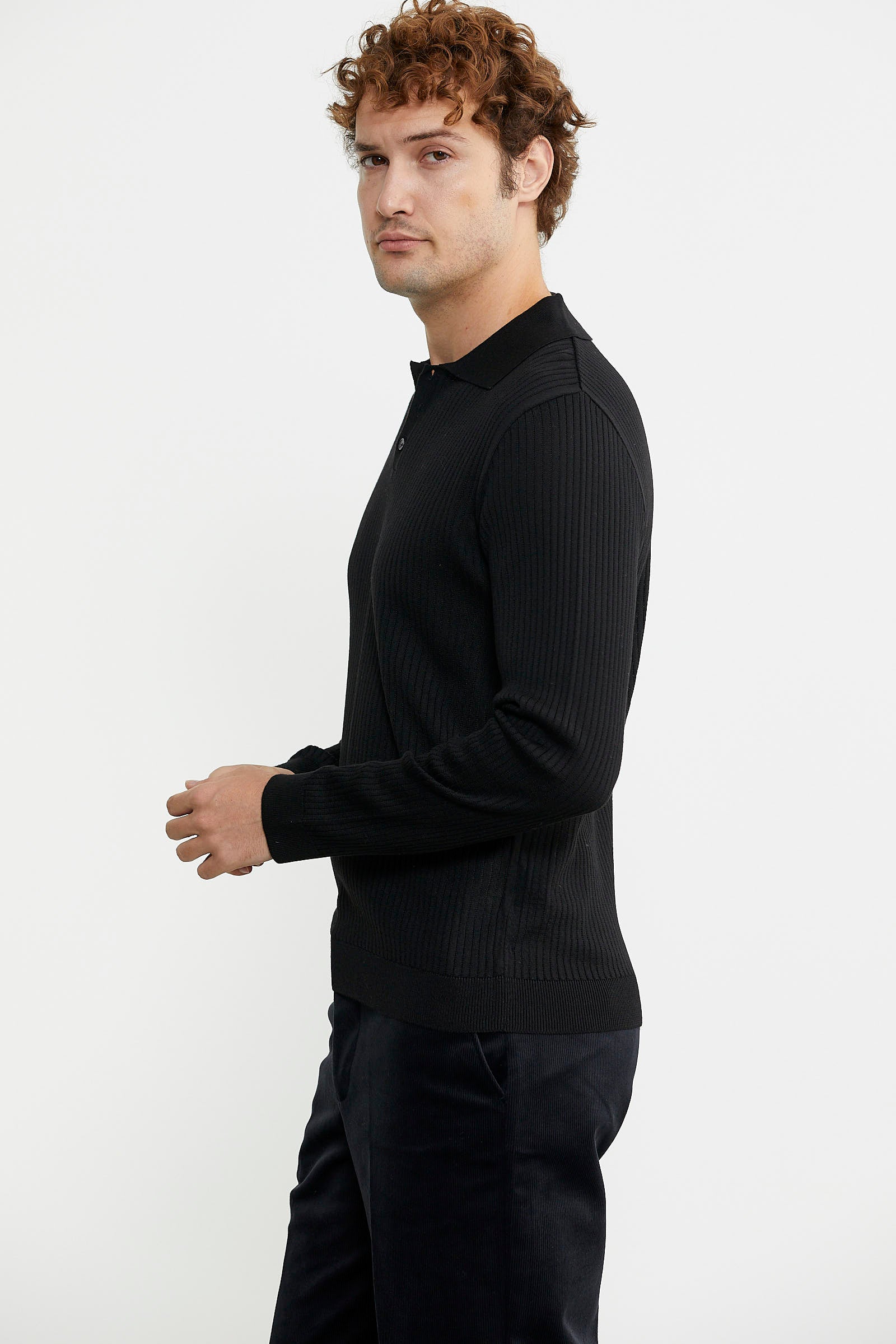 Polo Yaka Fitilli Triko Kazak - Siyah - Sementa