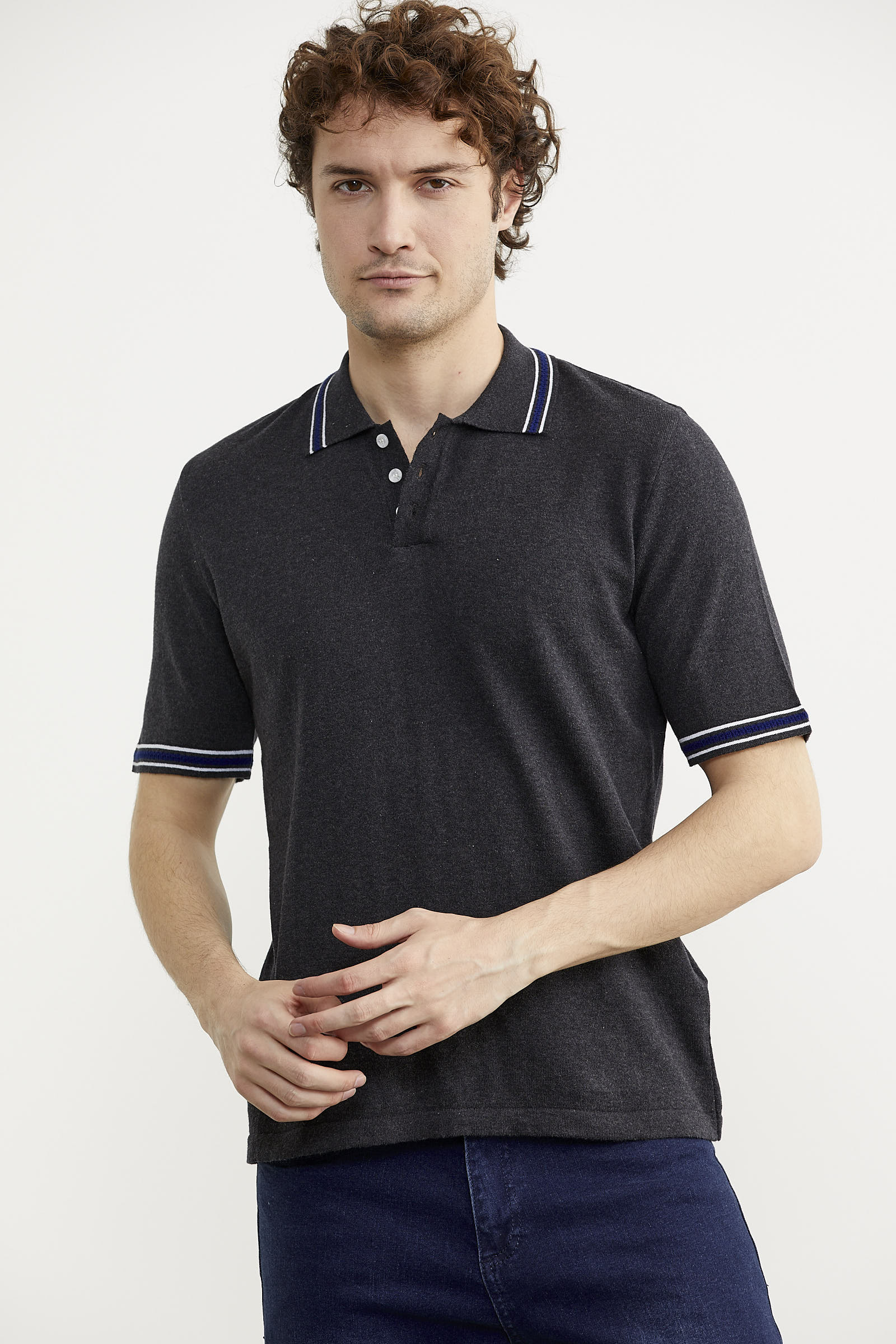 Polo Yaka Kısa Kol Pamuk Triko Tişört - Antrasit (2) Sementa