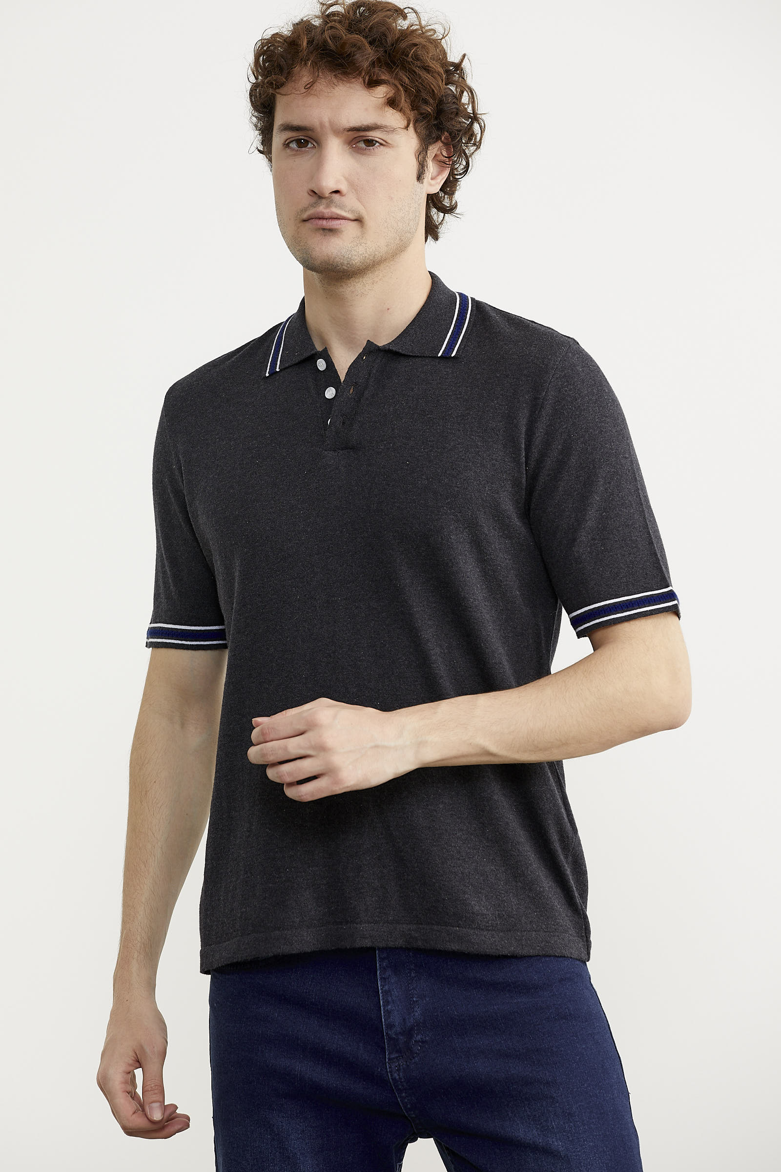 Polo Yaka Kısa Kol Pamuk Triko Tişört - Antrasit (3) Sementa