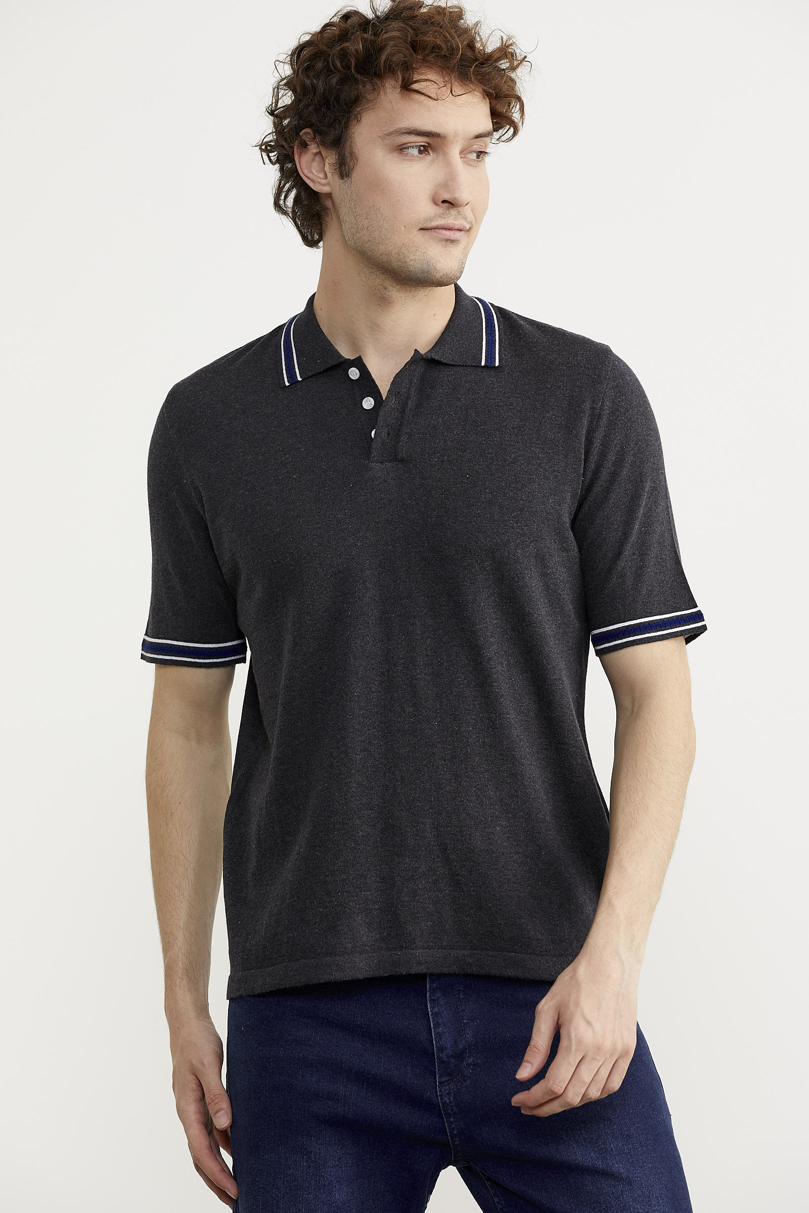 Polo Yaka Kısa Kol Pamuk Triko Tişört - Antrasit (4) Sementa