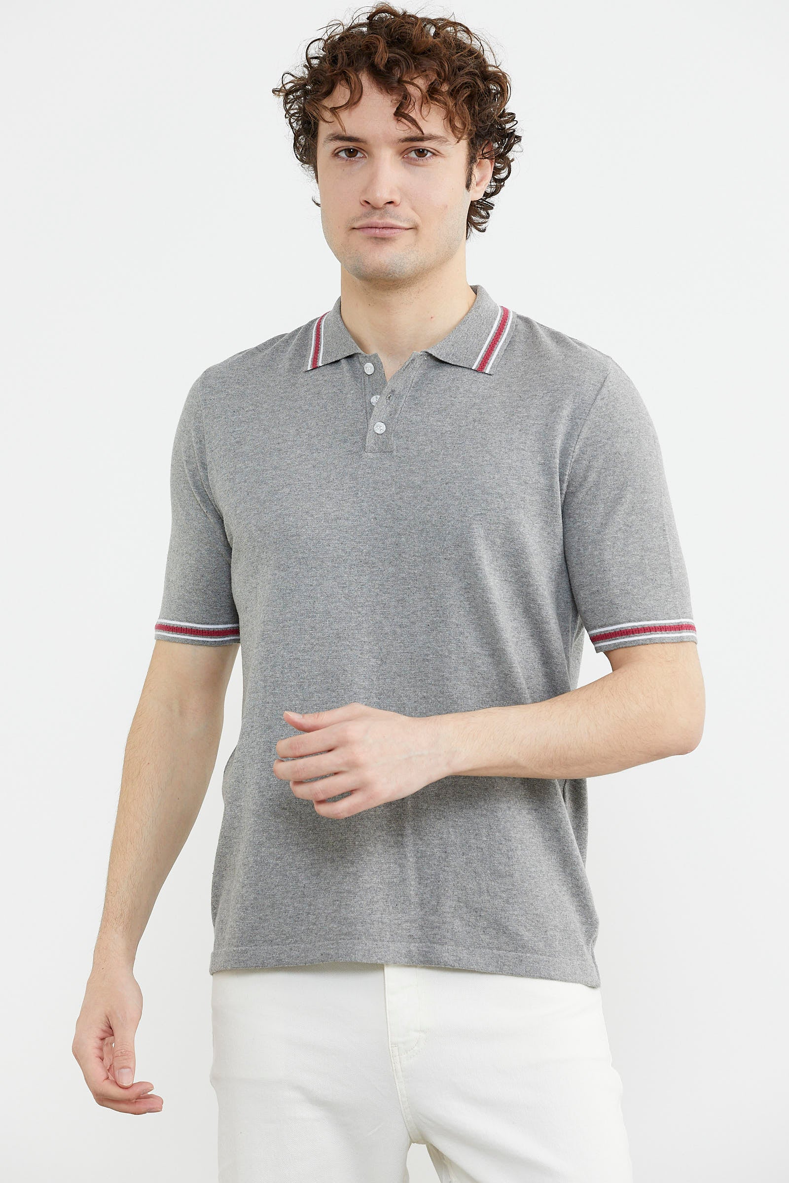 Polo Yaka Kısa Kol Pamuk Triko Tişört - Gri (2) Sementa