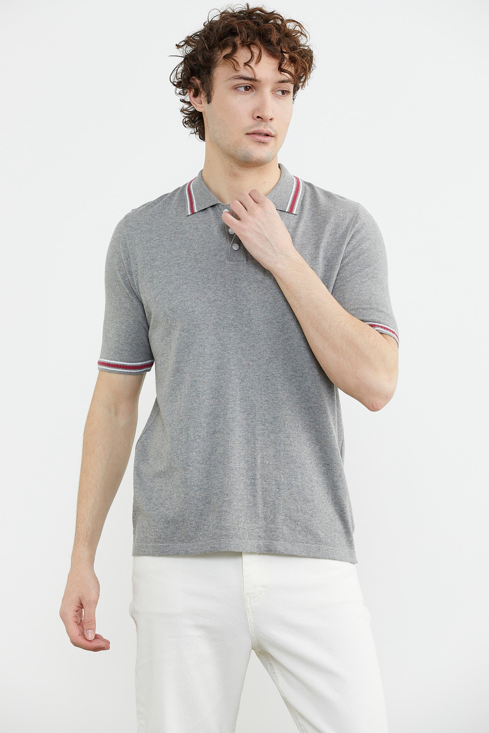 Polo Yaka Kısa Kol Pamuk Triko Tişört - Gri (4) Sementa