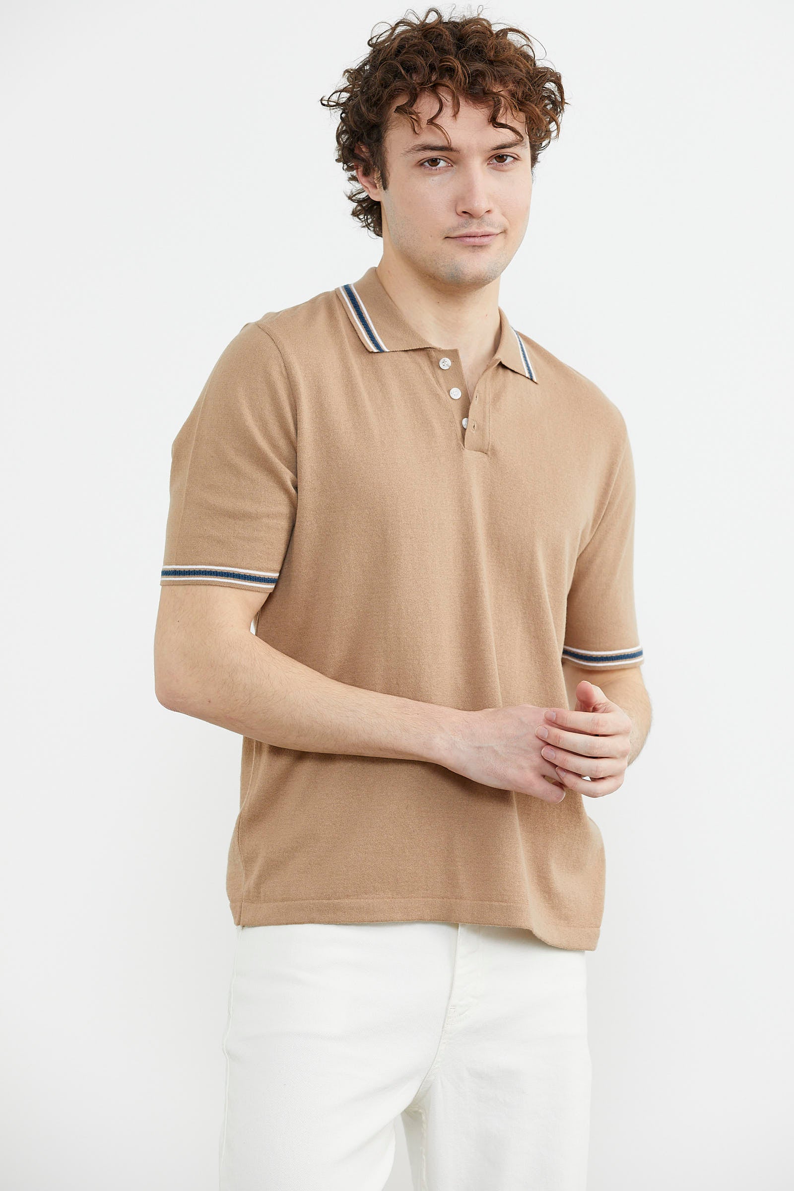 Polo Yaka Kısa Kol Pamuk Triko Tişört - Kamel (4) Sementa