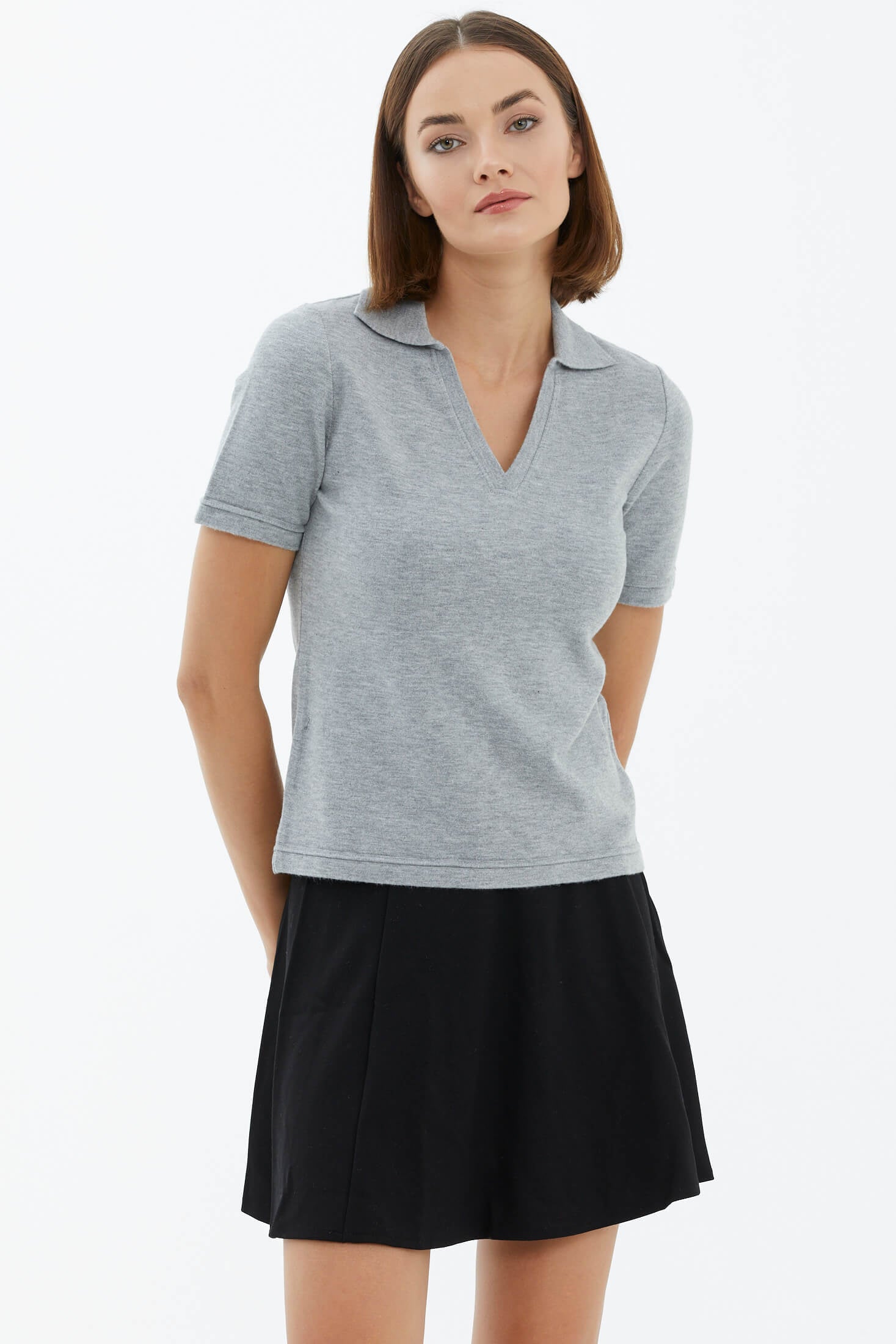 Polo Yaka Kısa Kol Triko Kazak - Açık Gri (3) Sementa