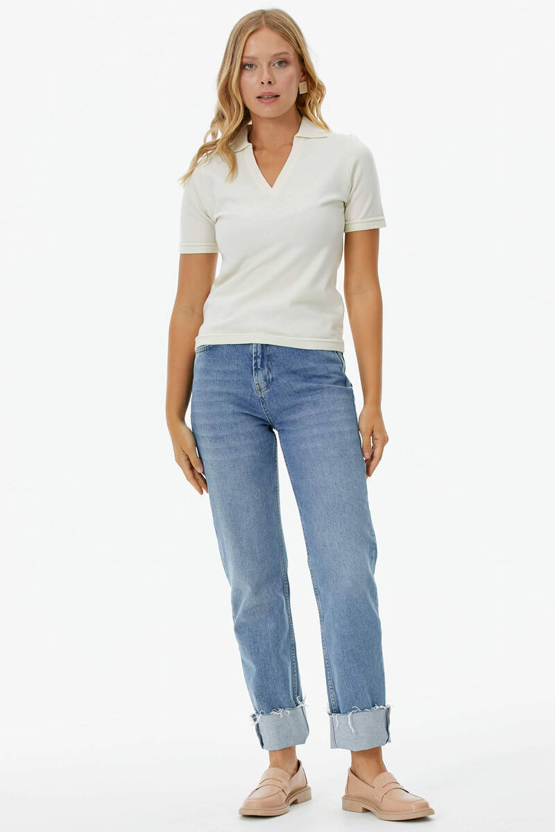 Polo Yaka Kısa Kol Triko Kazak - Kemik (3) Sementa