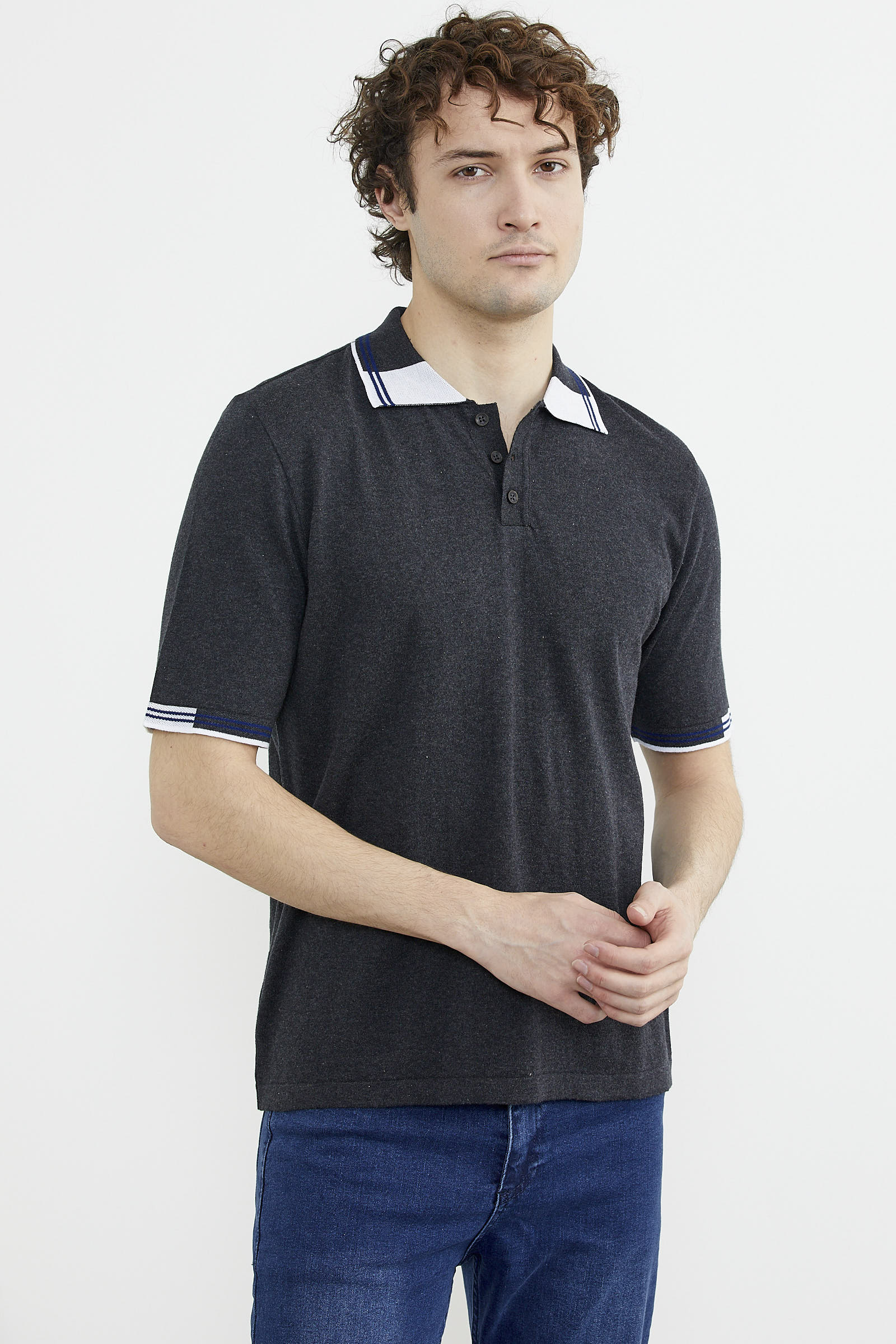 Polo Yaka Kısa Kol Triko Tişört - Antrasit (2) Sementa