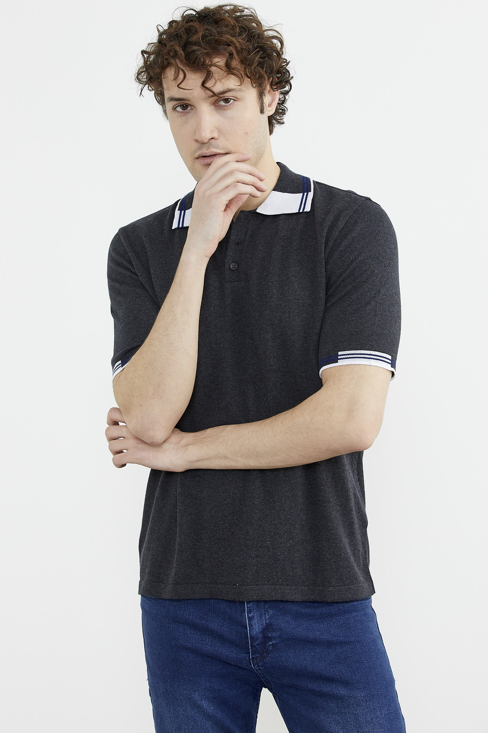 Polo Yaka Kısa Kol Triko Tişört - Antrasit (5) Sementa