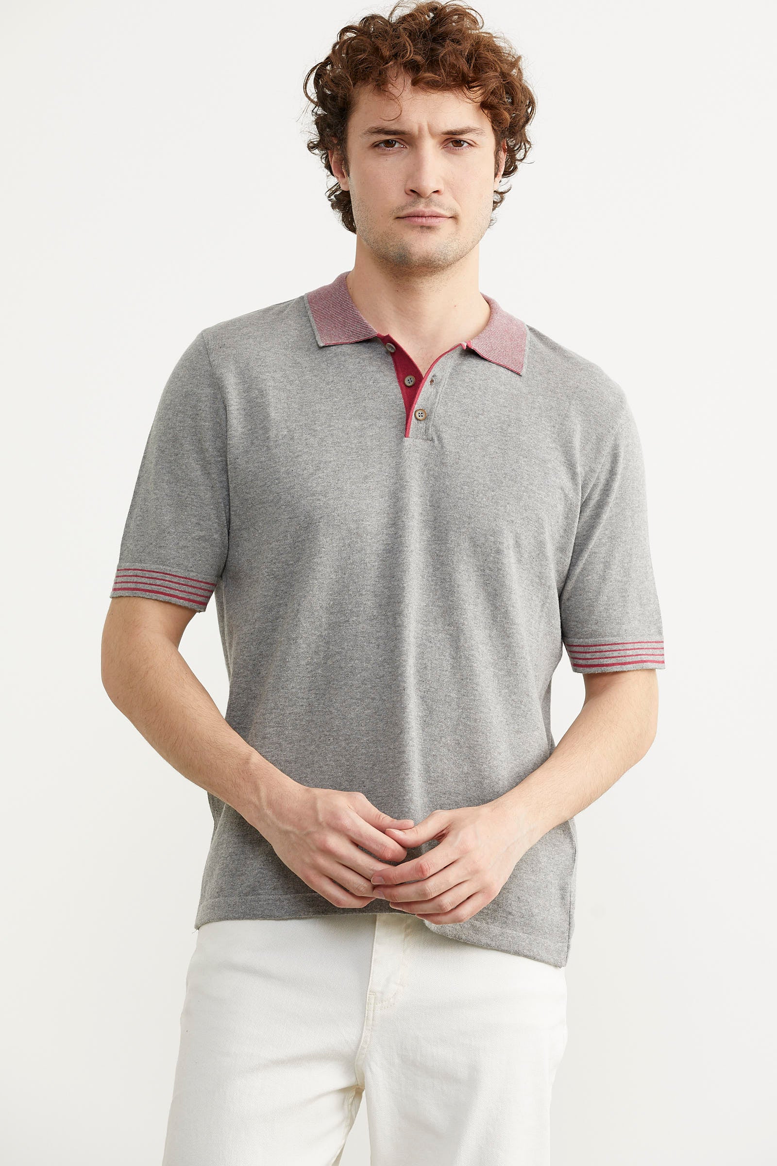 Polo Yaka Kısa Kol Triko Tişört - Gri (1) Sementa