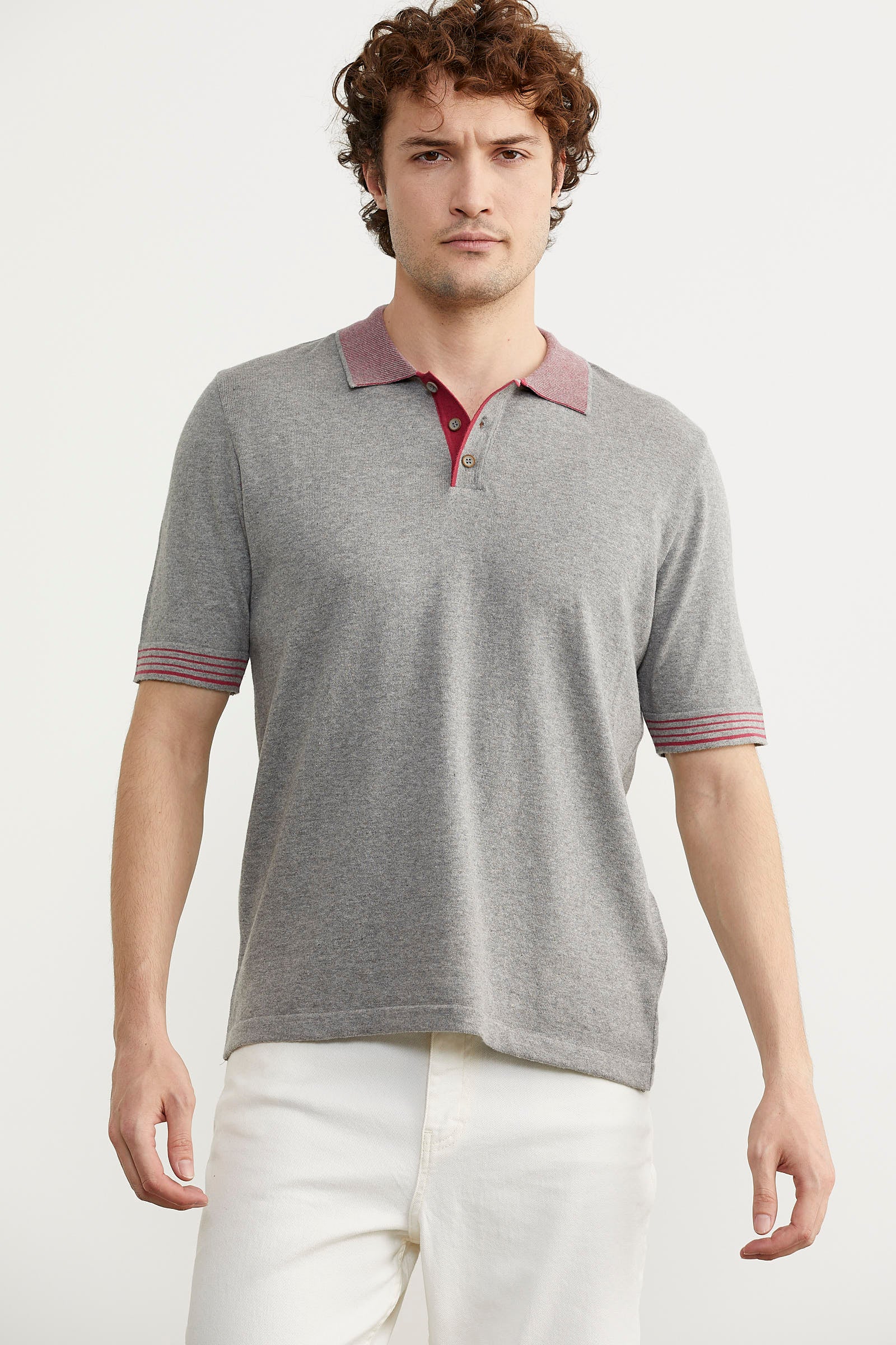 Polo Yaka Kısa Kol Triko Tişört - Gri (2) Sementa