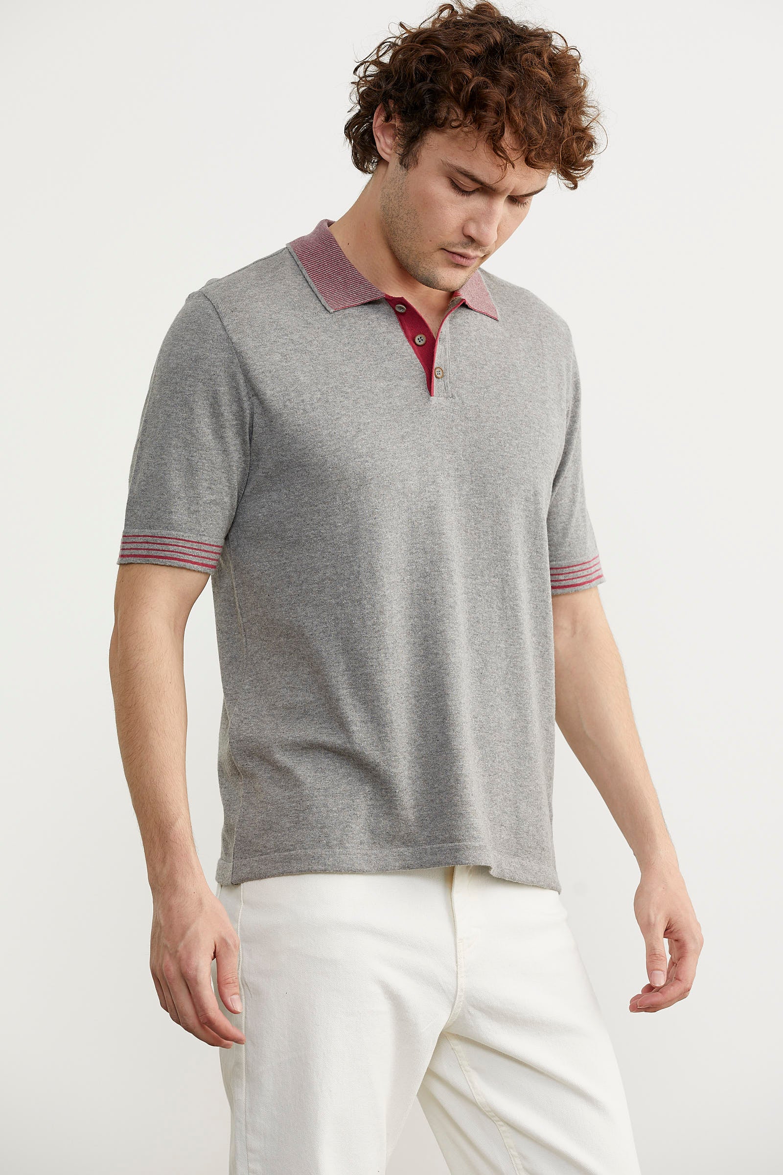 Polo Yaka Kısa Kol Triko Tişört - Gri (3) Sementa