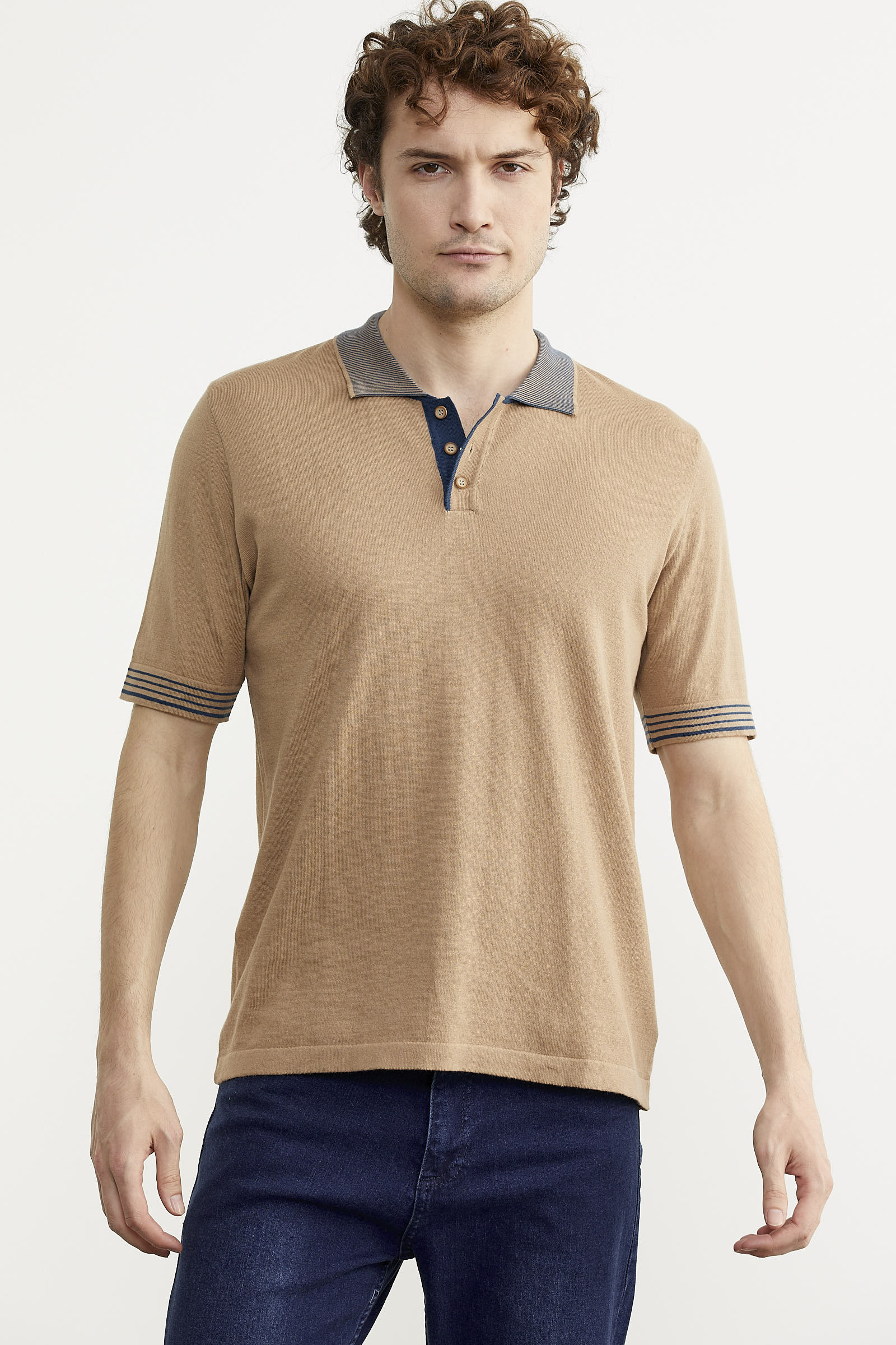 Polo Yaka Kısa Kol Triko Tişört - Kamel (1) Sementa