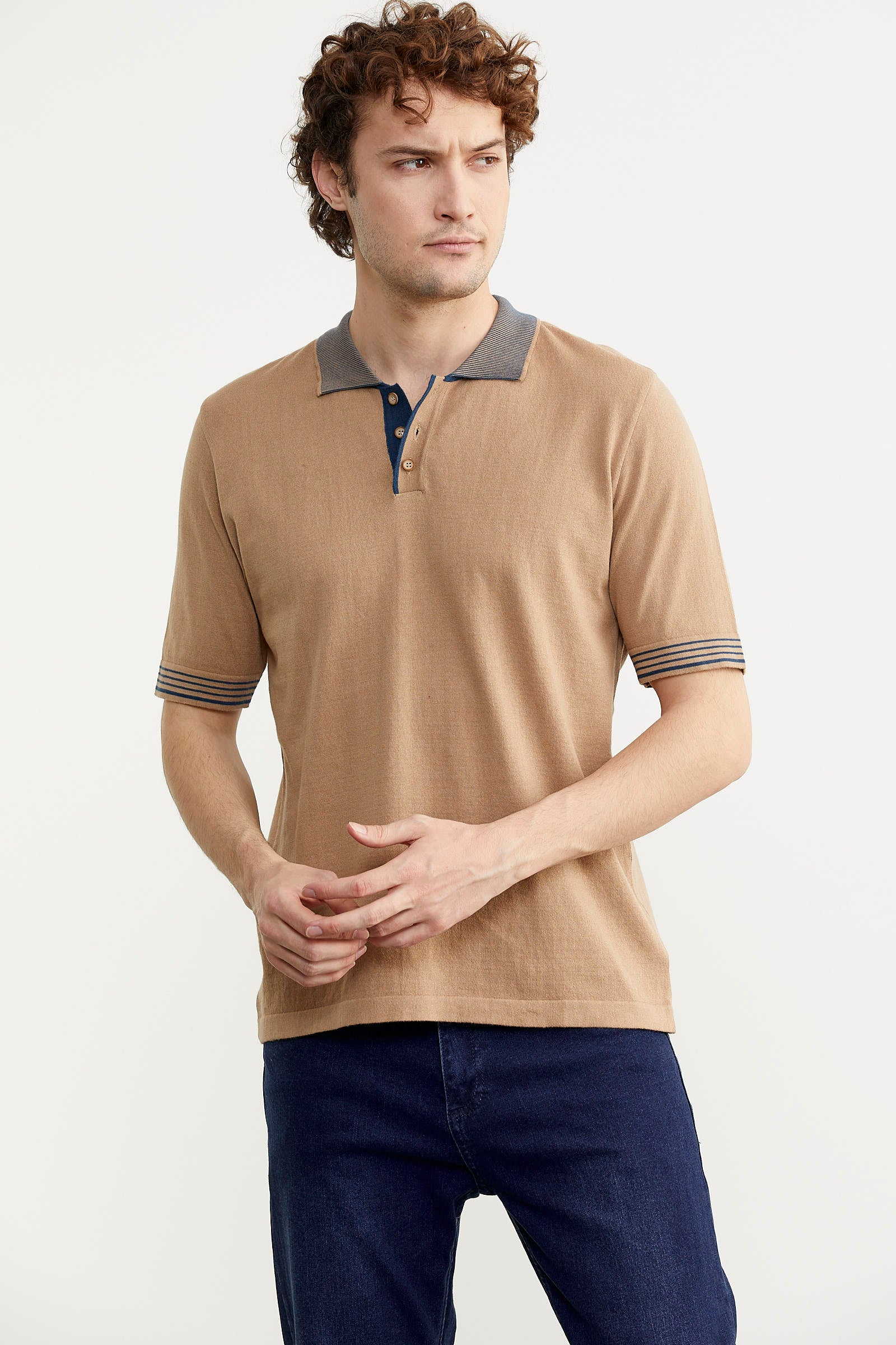 Polo Yaka Kısa Kol Triko Tişört - Kamel (2) Sementa