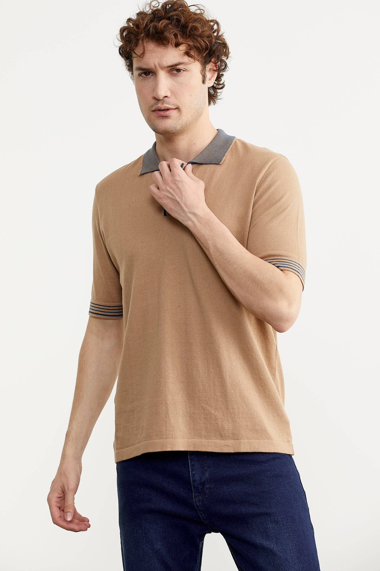 Polo Yaka Kısa Kol Triko Tişört - Kamel (3) Sementa