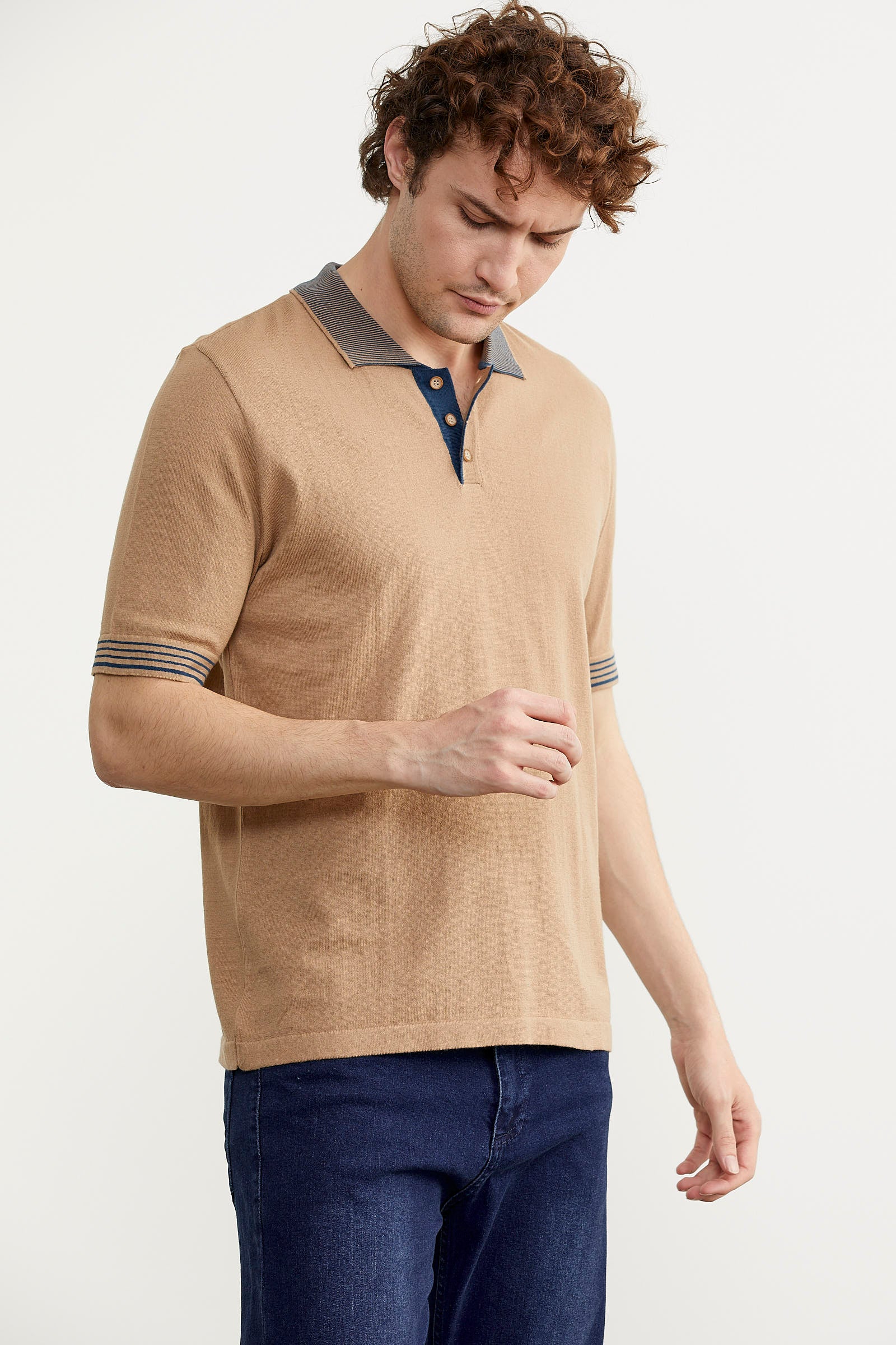 Polo Yaka Kısa Kol Triko Tişört - Kamel (4) Sementa