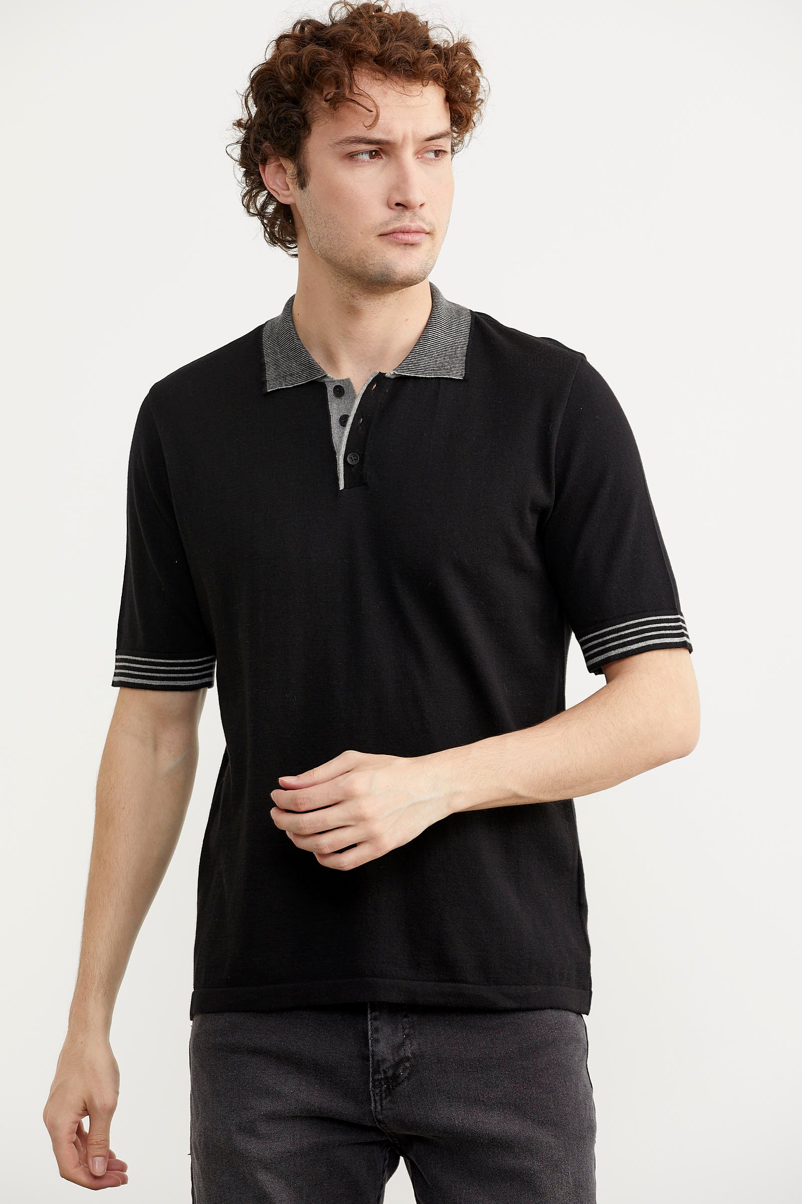 Polo Yaka Kısa Kol Triko Tişört - Siyah (2) Sementa