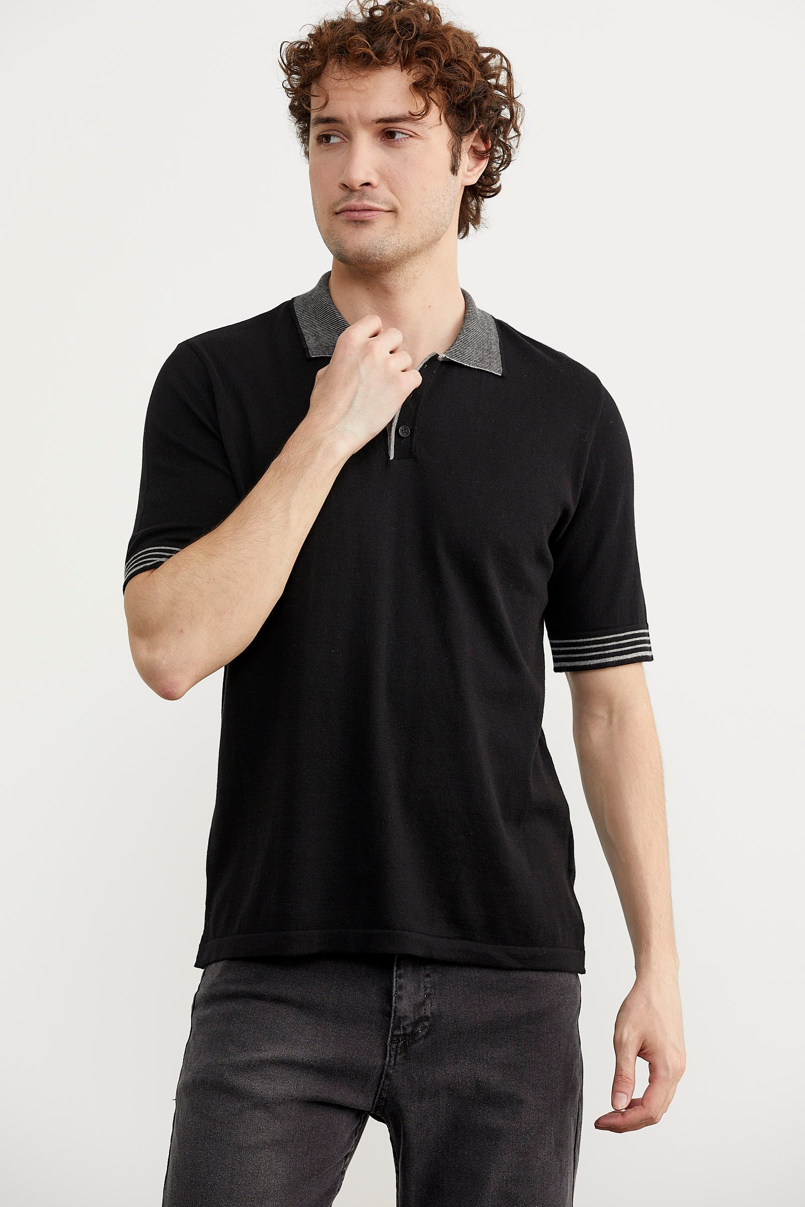 Polo Yaka Kısa Kol Triko Tişört - Siyah (3) Sementa