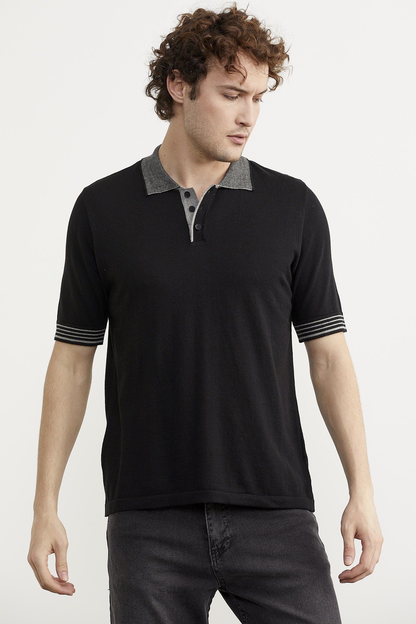 Polo Yaka Kısa Kol Triko Tişört - Siyah (4) Sementa