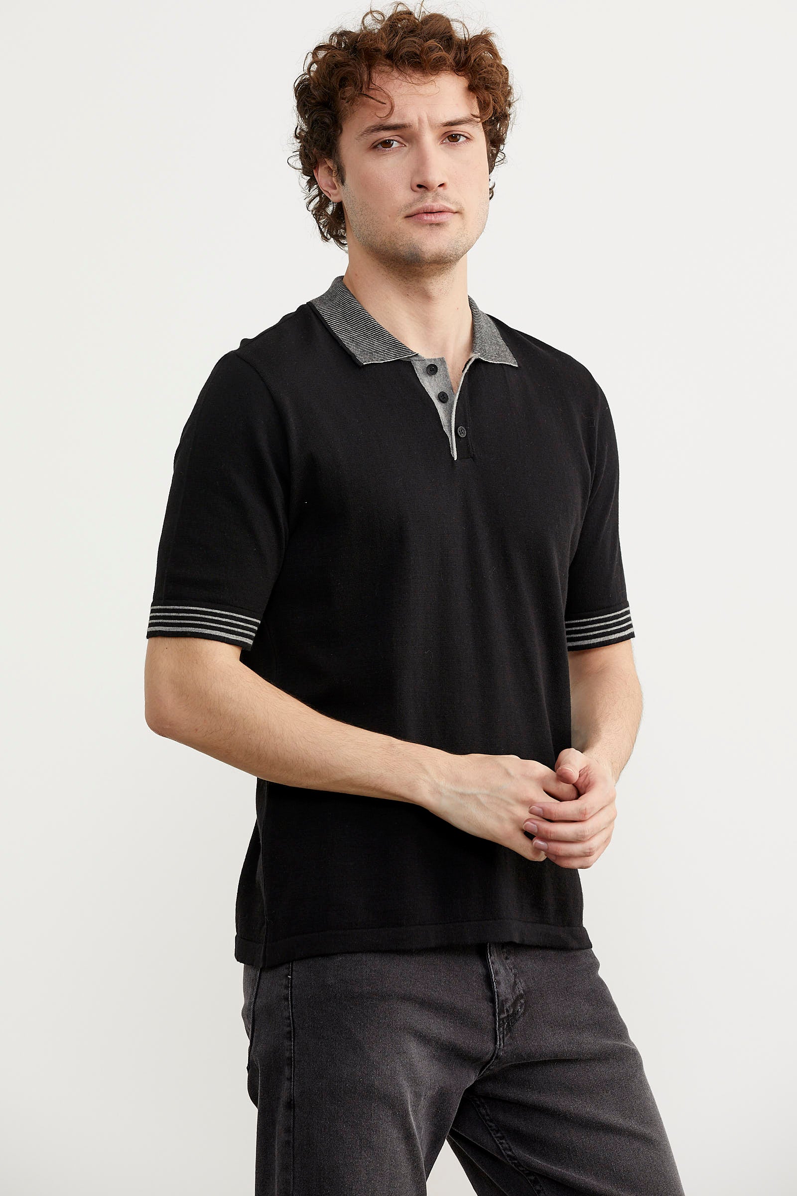 Polo Yaka Kısa Kol Triko Tişört - Siyah (5) Sementa