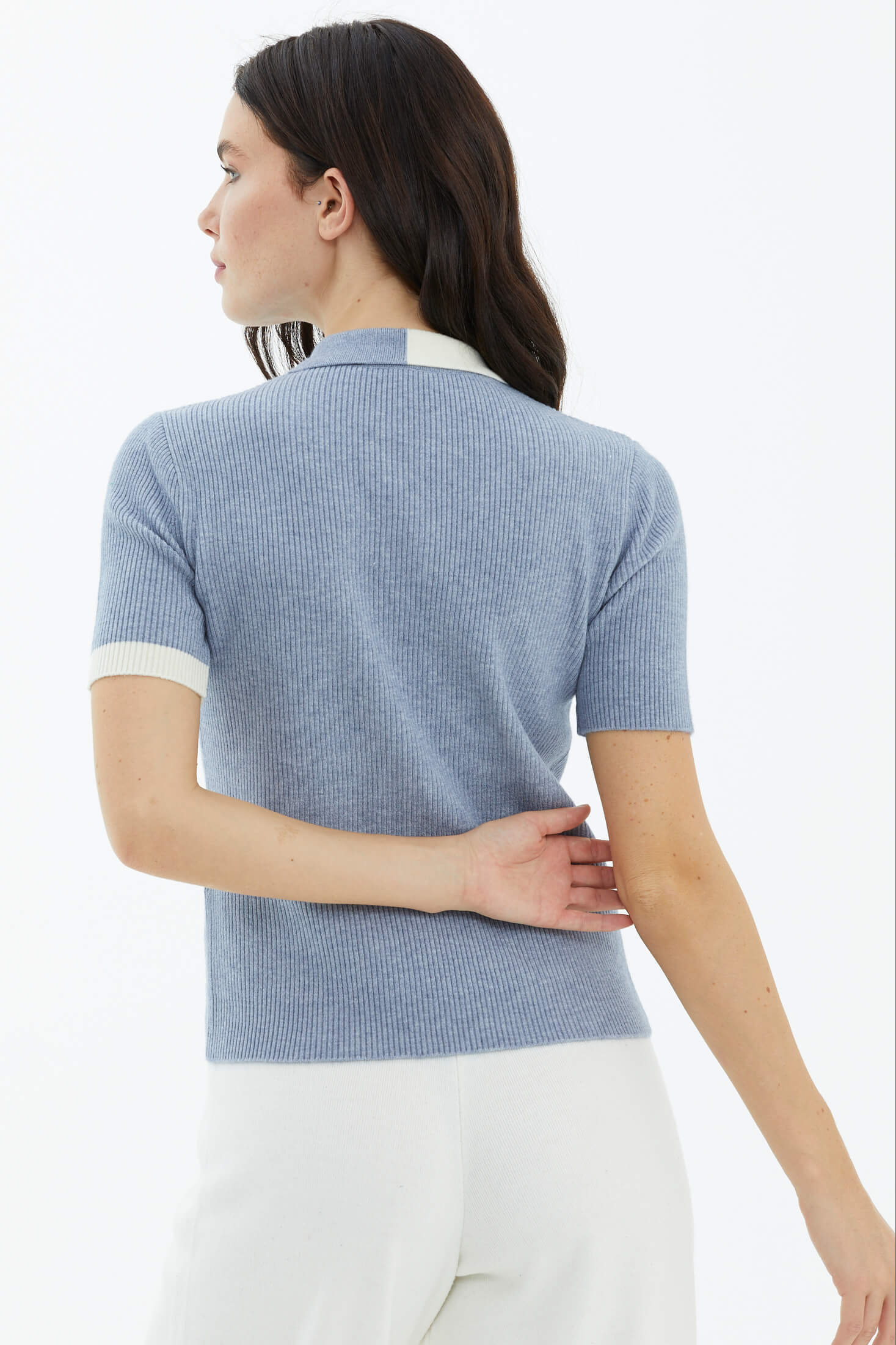 Polo Yaka Patlı Düğmeli Kısa Kollu Triko Kazak - Mavi (4) Sementa