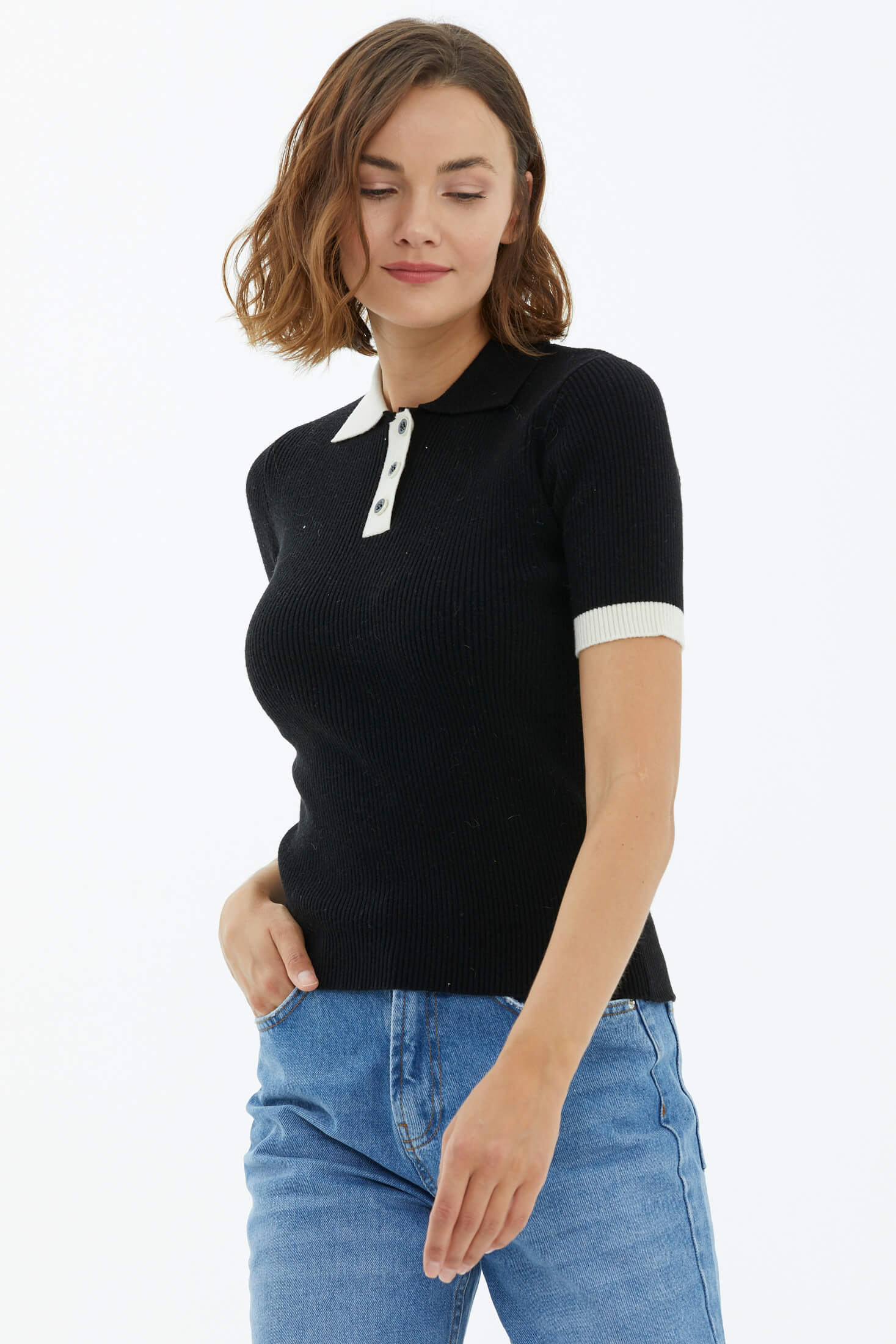 Polo Yaka Patlı Düğmeli Kısa Kollu Triko Kazak - Siyah (3) Sementa