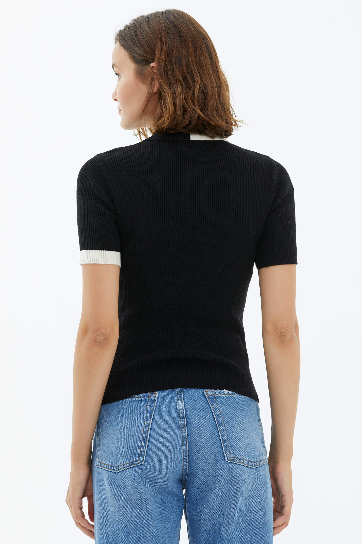 Polo Yaka Patlı Düğmeli Kısa Kollu Triko Kazak - Siyah (4) Sementa