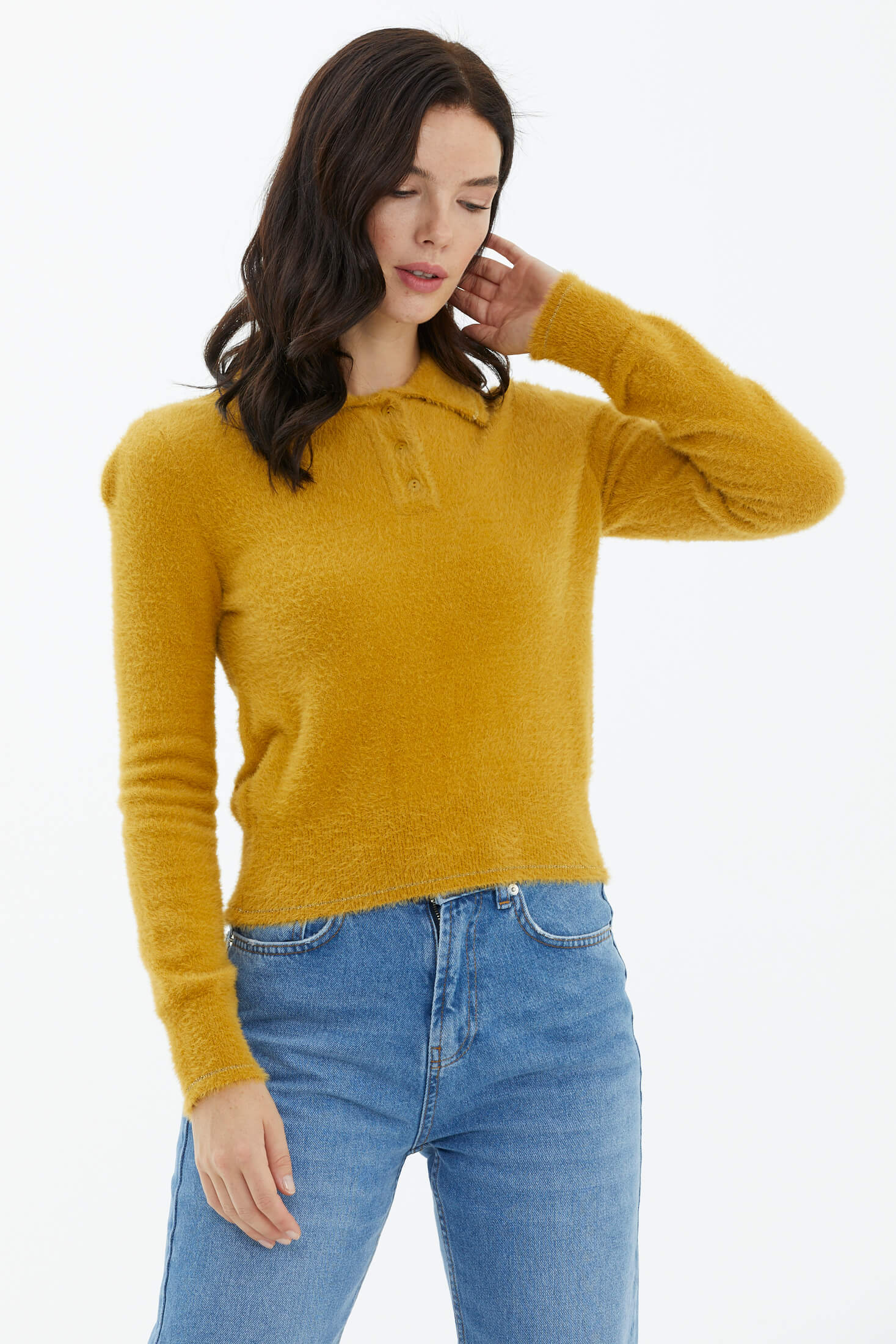 Polo Yaka Patlı Düğmeli Triko Kazak - Hardal (3) Sementa