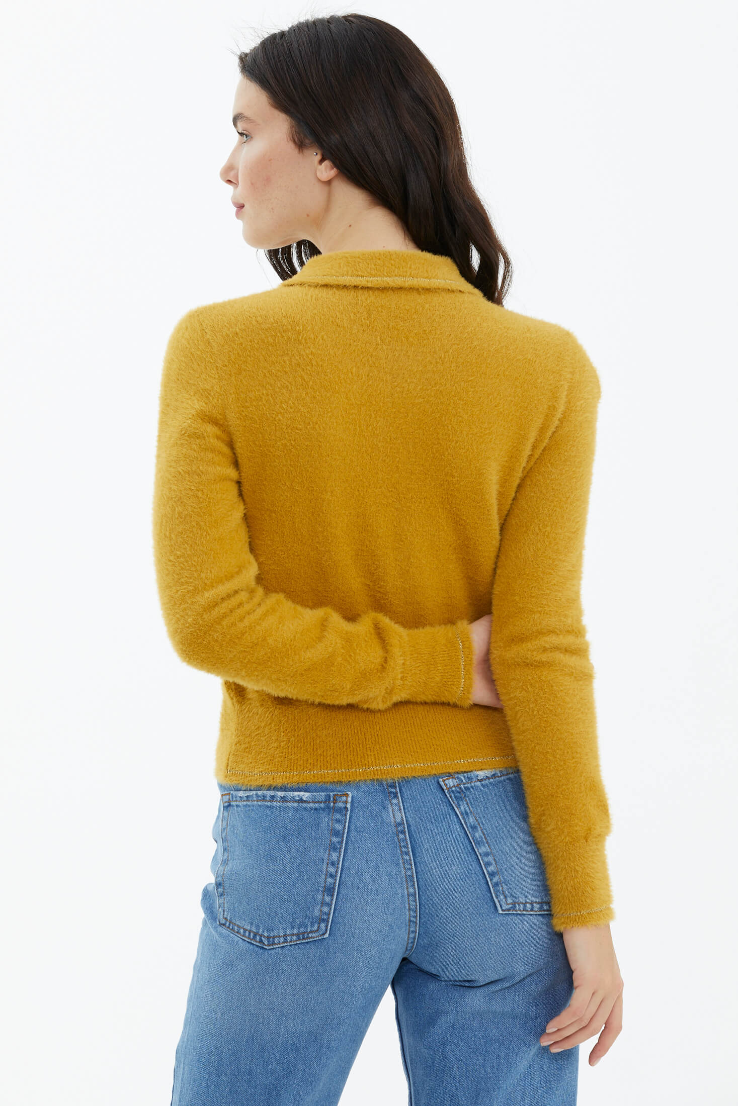 Polo Yaka Patlı Düğmeli Triko Kazak - Hardal (4) Sementa