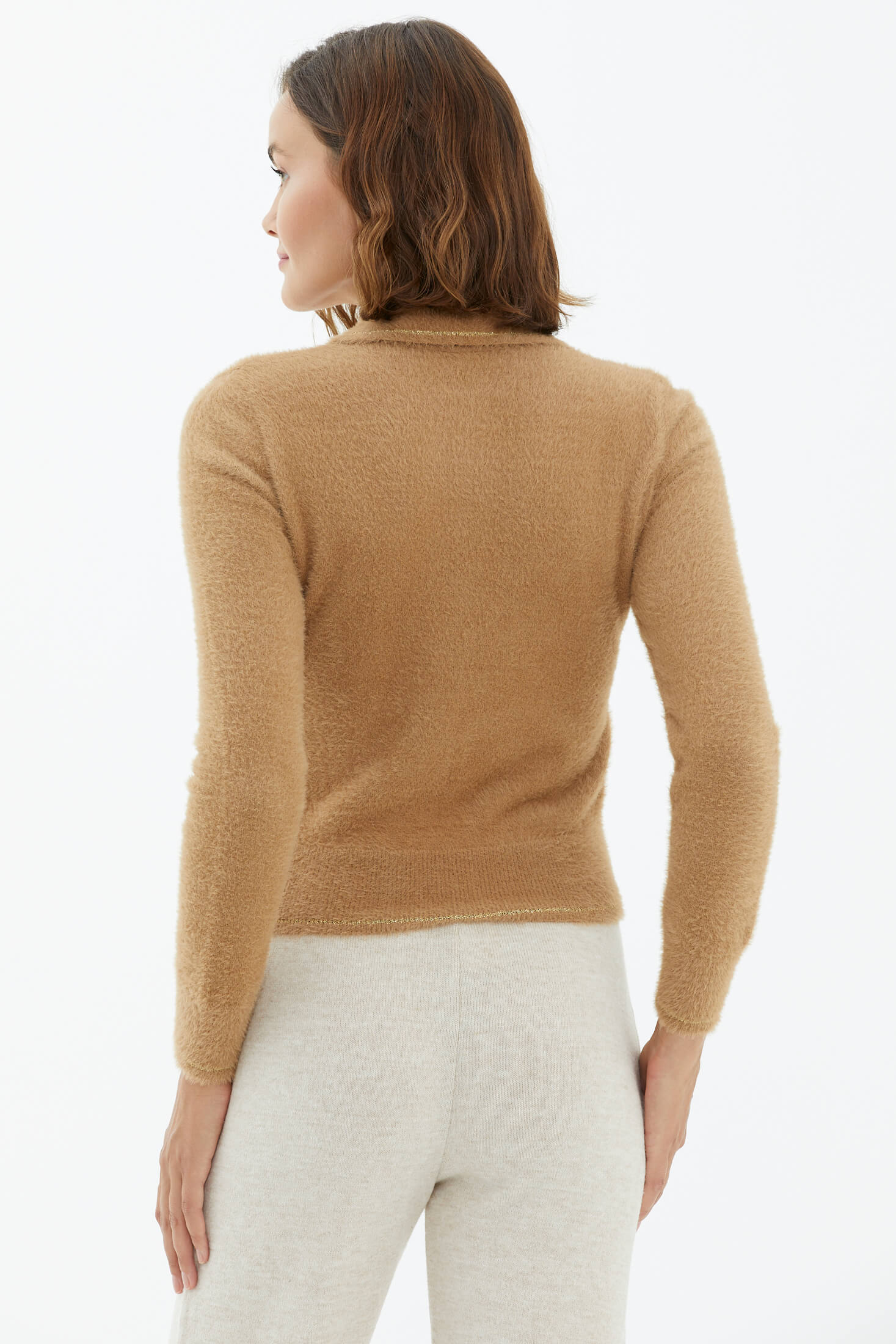 Polo Yaka Patlı Düğmeli Triko Kazak - Kamel (3) Sementa