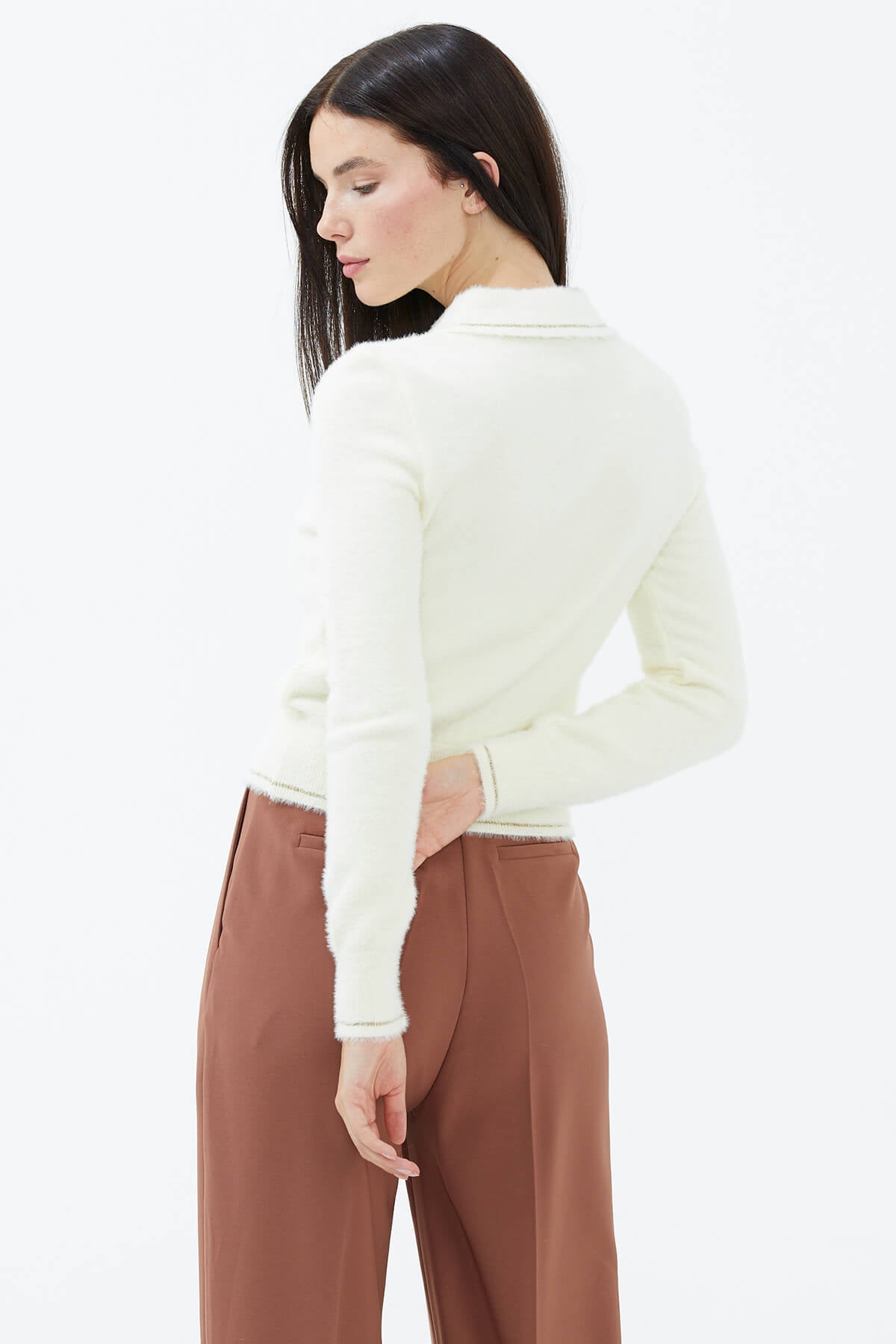 Polo Yaka Patlı Düğmeli Triko Kazak - Kemik (3) Sementa