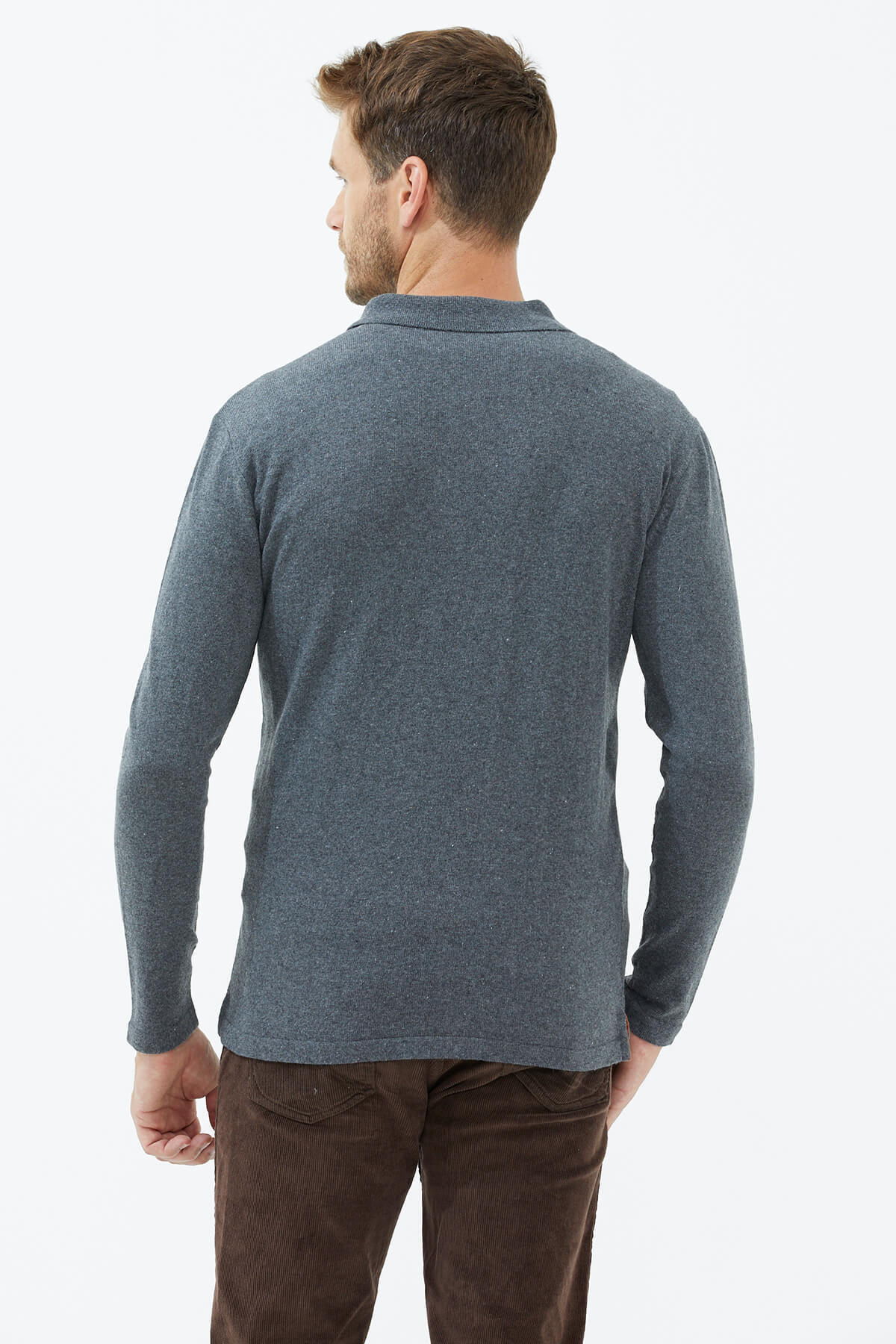 Polo Yaka Patlı Düğmeli Triko Kazak - Koyu Gri (4) Sementa